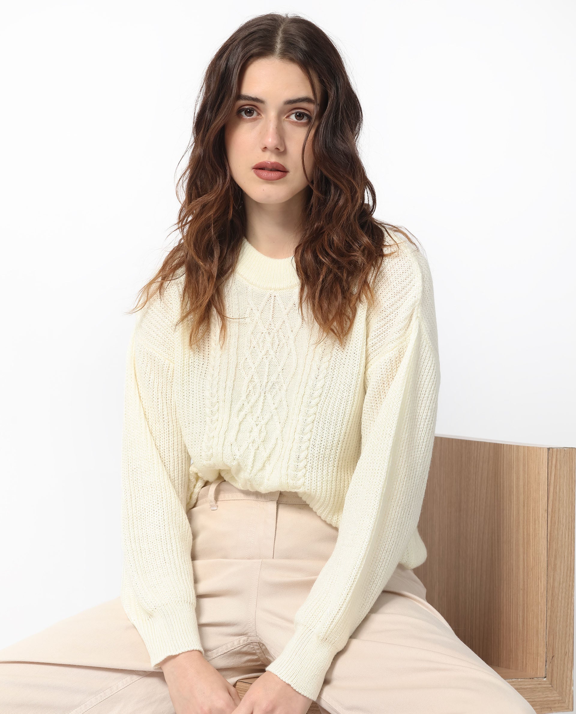 Rareism Women Schitt Off White Acrylic Fabric Full Sleeves Relaxed Fit Solid High Neck Sweater