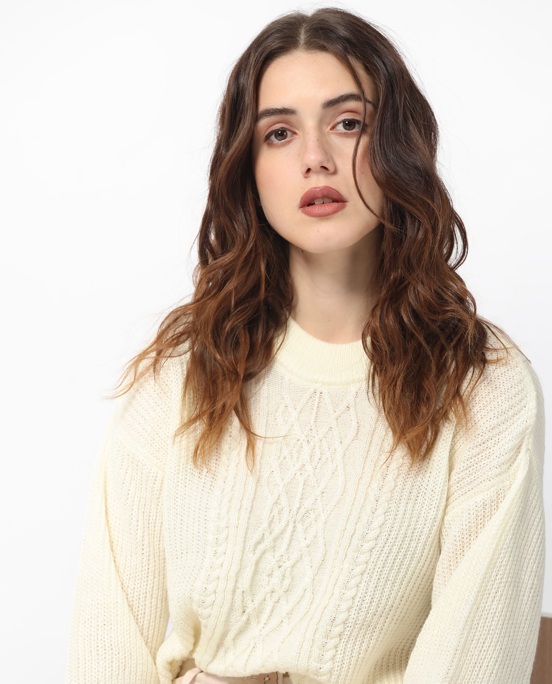 Rareism Women Schitt Off White Acrylic Fabric Full Sleeves Relaxed Fit Solid High Neck Sweater