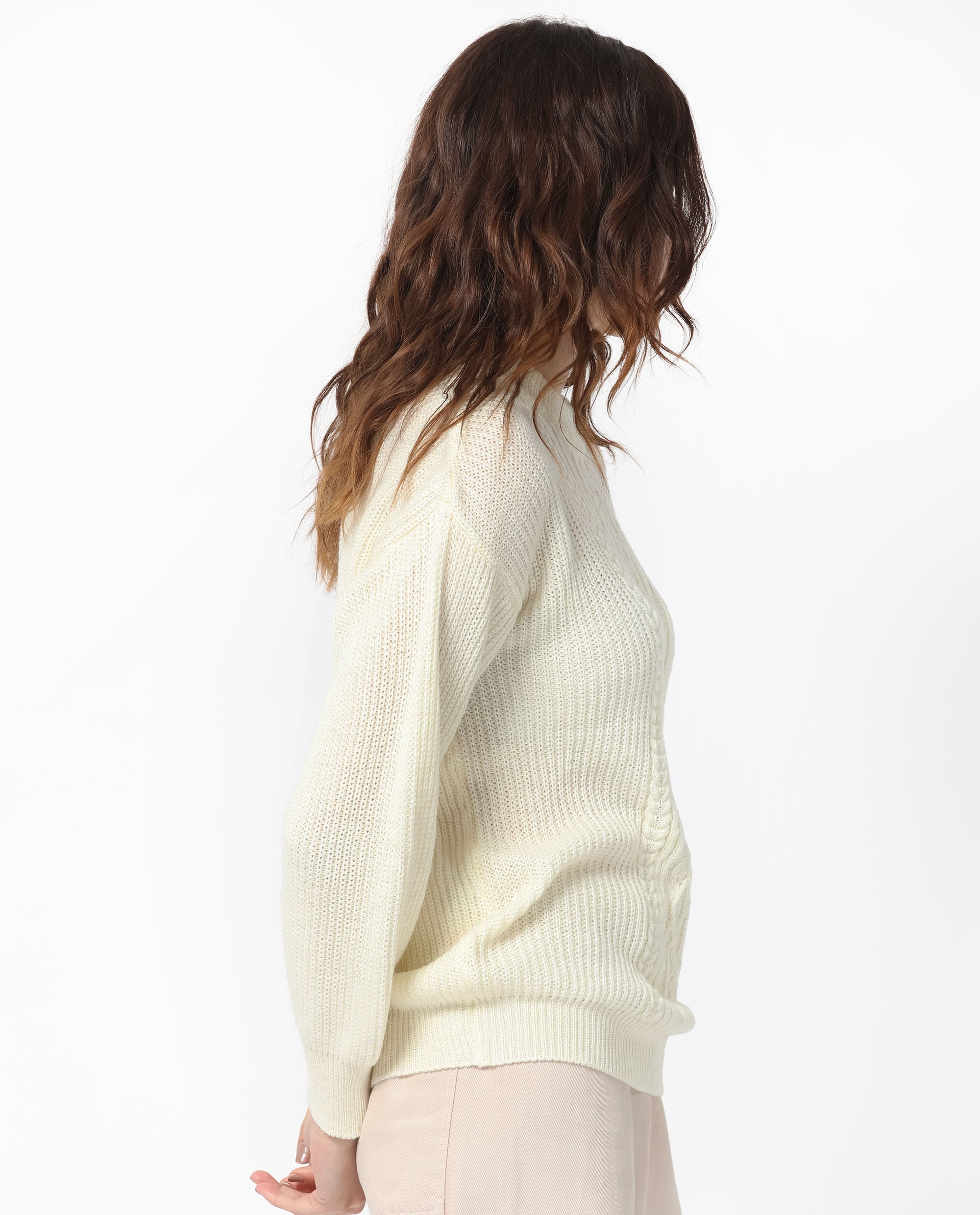 Rareism Women Schitt Off White Acrylic Fabric Full Sleeves Relaxed Fit Solid High Neck Sweater