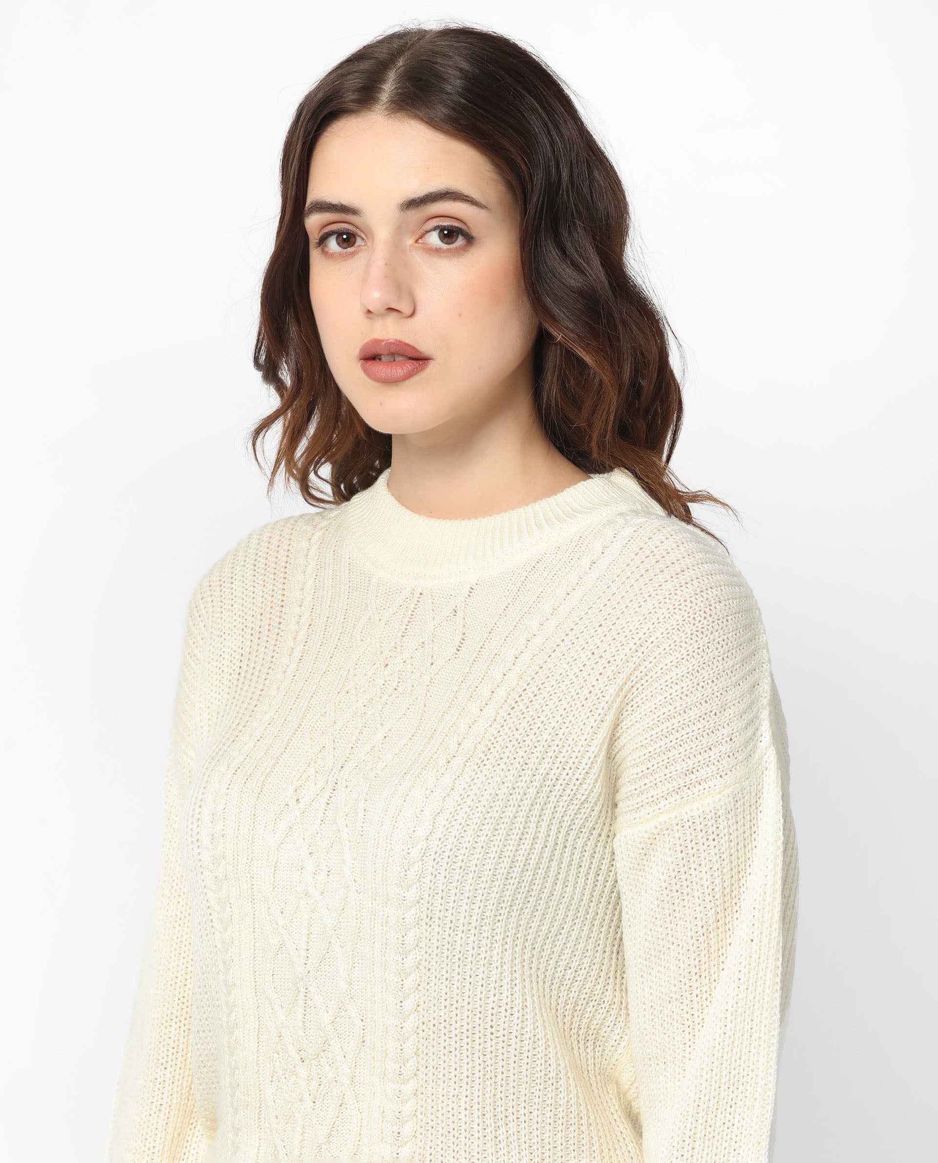 Rareism Women Schitt Off White Acrylic Fabric Full Sleeves Relaxed Fit Solid High Neck Sweater