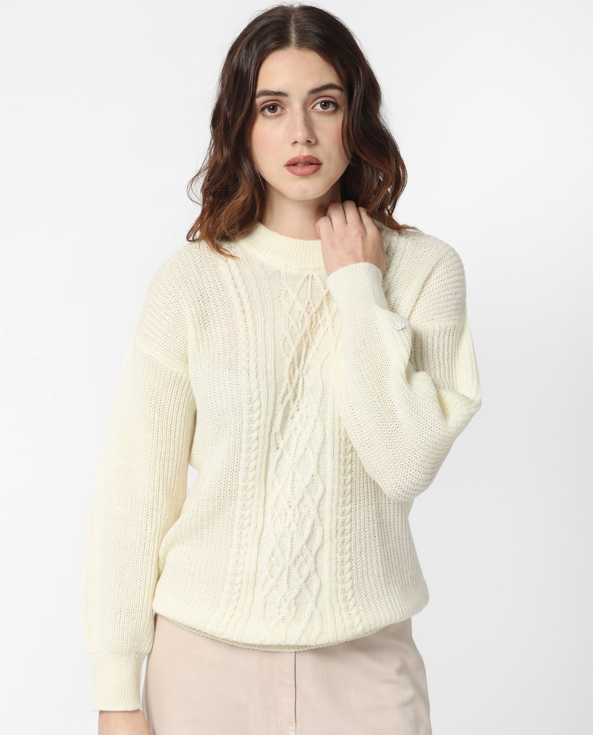 Rareism Women's Schitt Off White Acrylic High Neck Plain Relaxed Fit Sweater