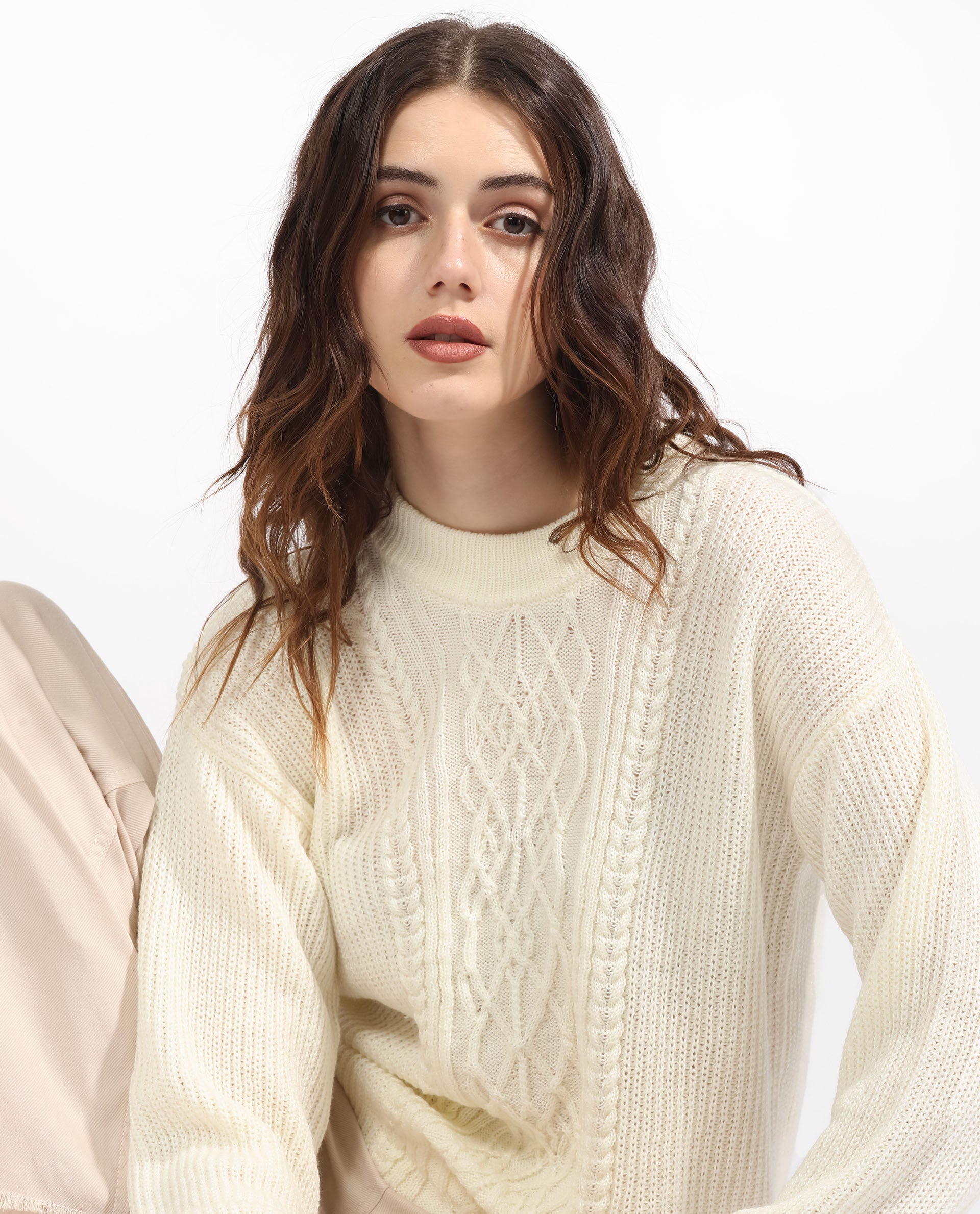 Rareism Women Schitt Off White Acrylic Fabric Full Sleeves Relaxed Fit Solid High Neck Sweater