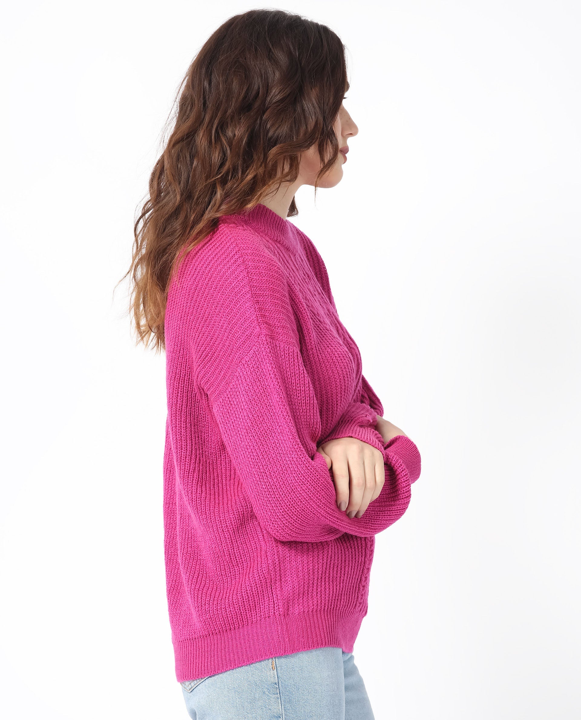 Rareism Women Schitt Flouroscent Pink Acrylic Fabric Full Sleeves Relaxed Fit Solid High Neck Sweater