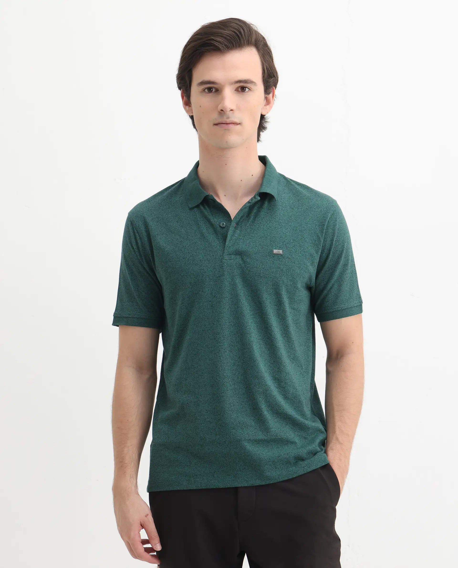 Rare Rabbit Men's Schop Dark Green Cotton Plain Regular Fit Half Sleeve Polo