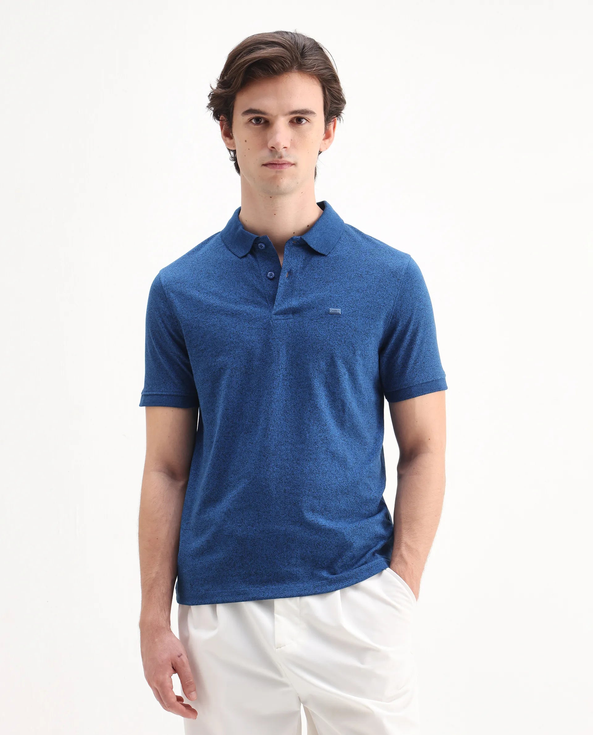 Rare Rabbit Men's Schop Navy Cotton Plain Regular Fit Half Sleeve Polo