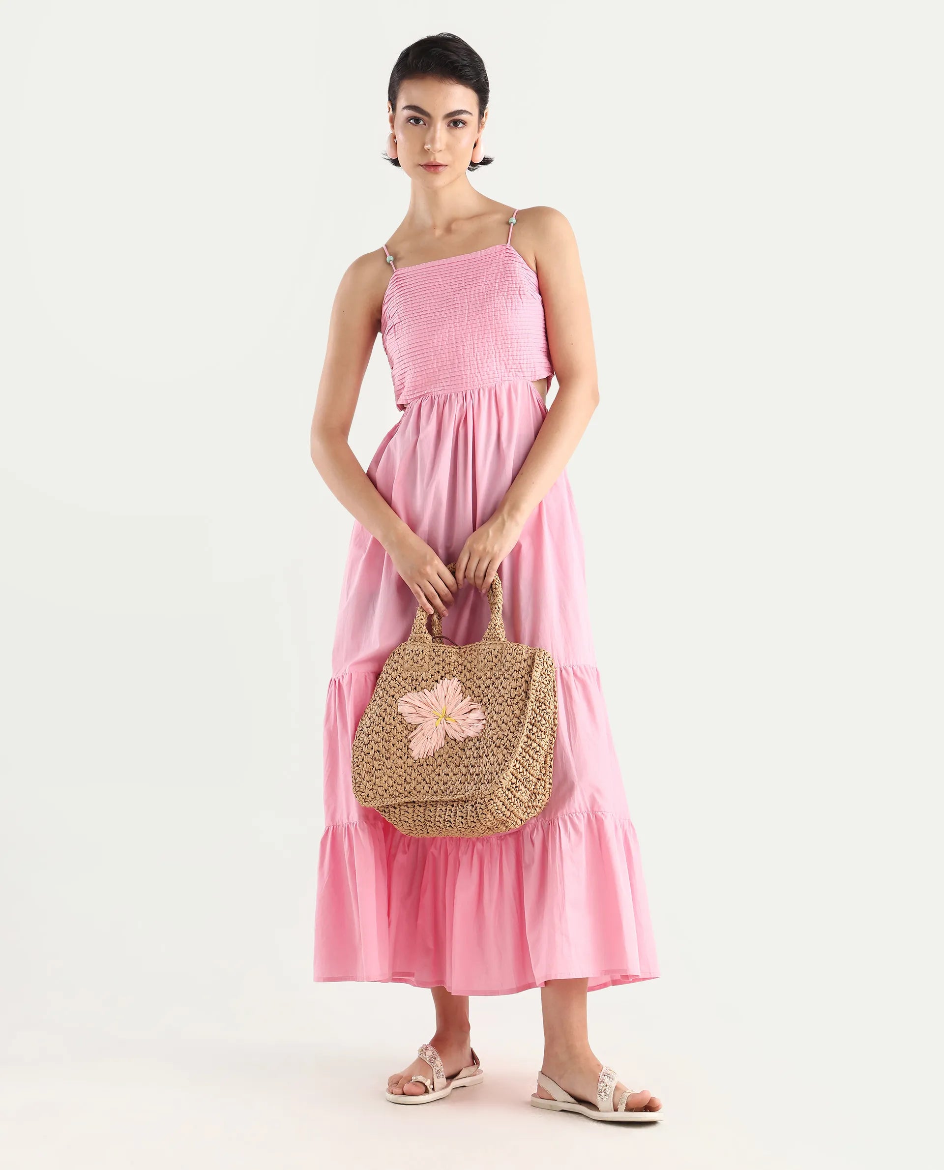 Rareism Women's Schor Pink Cotton Shoulder Strap Plain Maxi Fit And Flare Dress