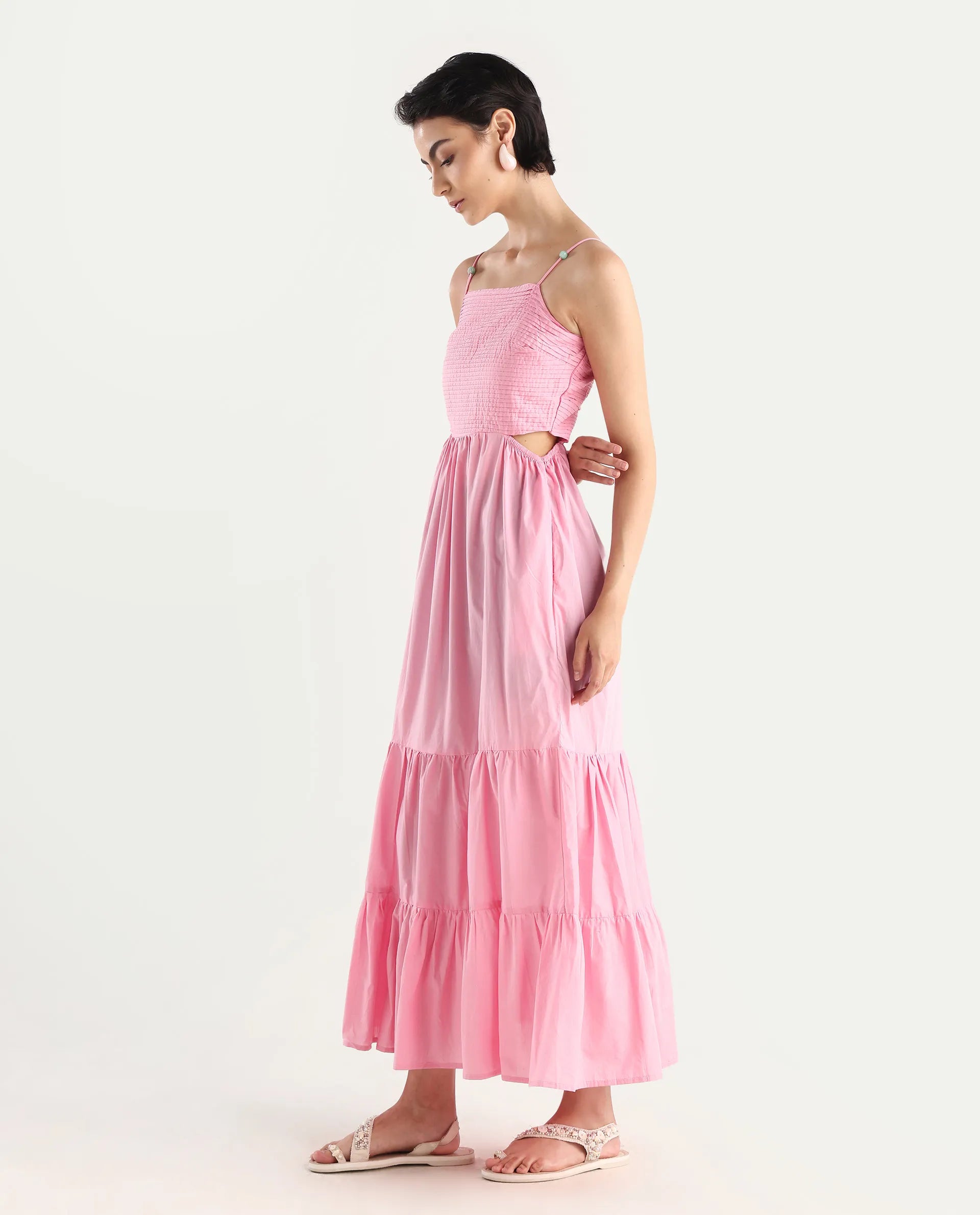 Rareism Women's Schor Pink Cotton Shoulder Strap Plain Maxi Fit And Flare Dress