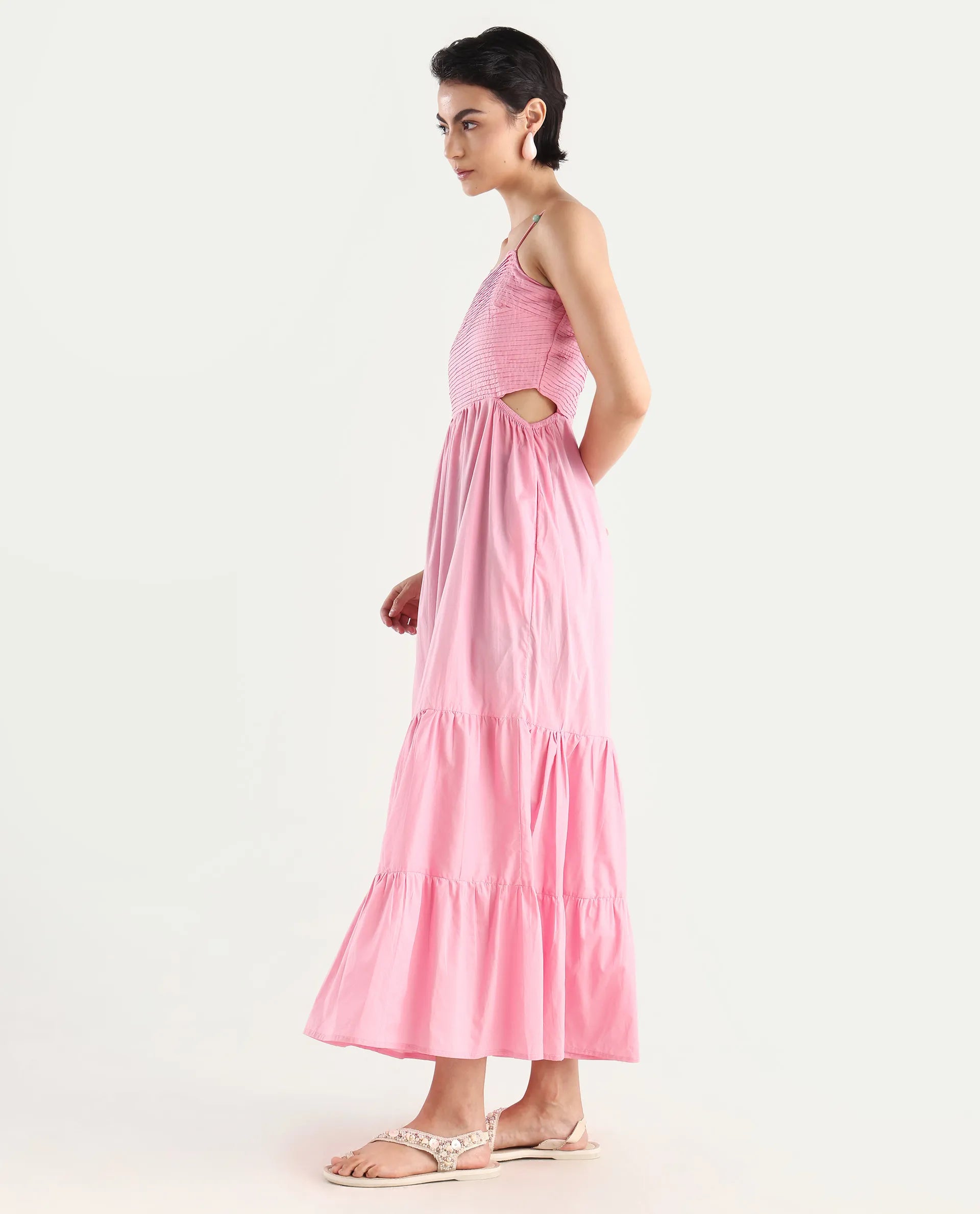 Rareism Women's Schor Pink Cotton Shoulder Strap Plain Maxi Fit And Flare Dress