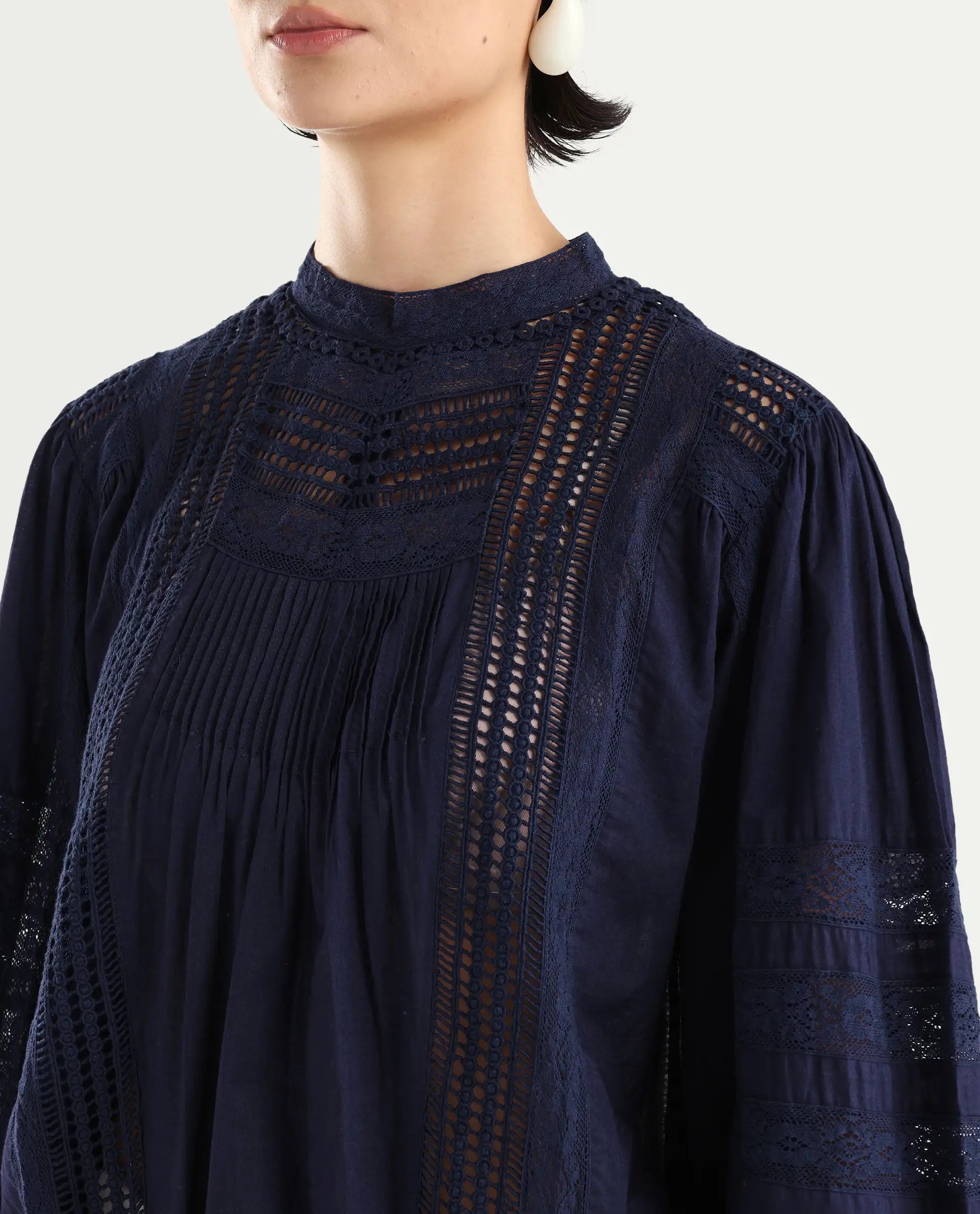 Rareism Women's Schwan Navy Cotton High Neck Plain Balloon Sleeve Regular Fit Top