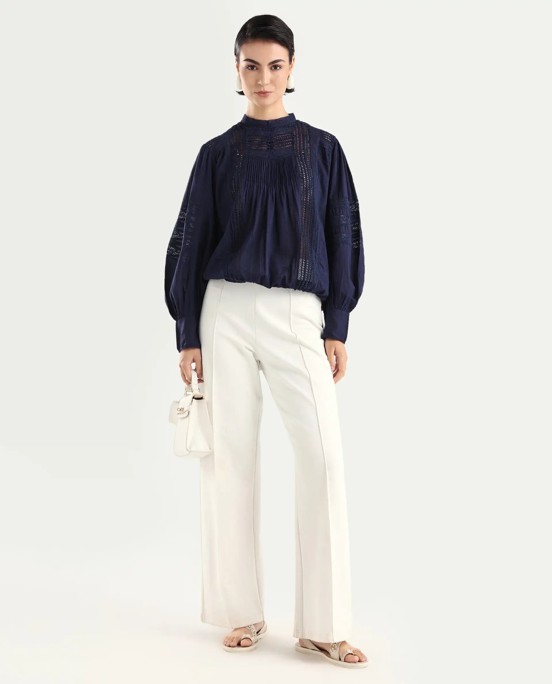 Rareism Women's Schwan Navy Cotton High Neck Plain Balloon Sleeve Regular Fit Top