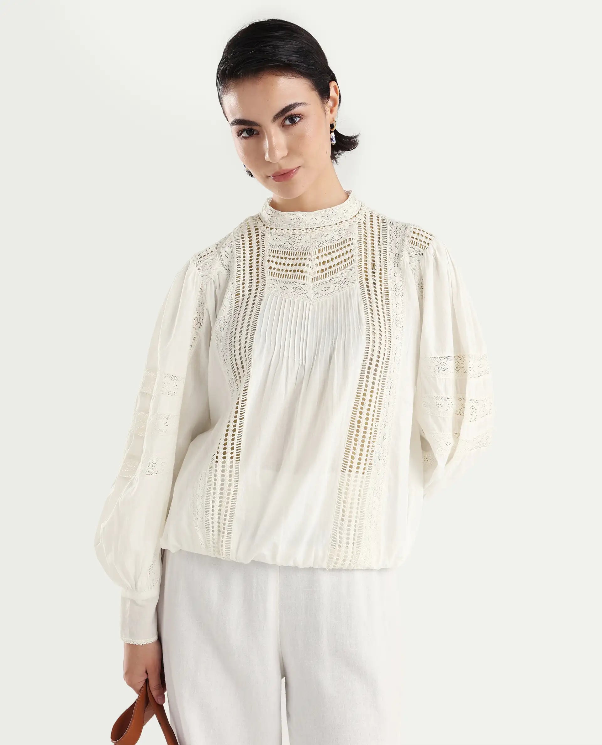 Rareism Women's Schwan White Cotton High Neck Plain Balloon Sleeve Regular Fit Top