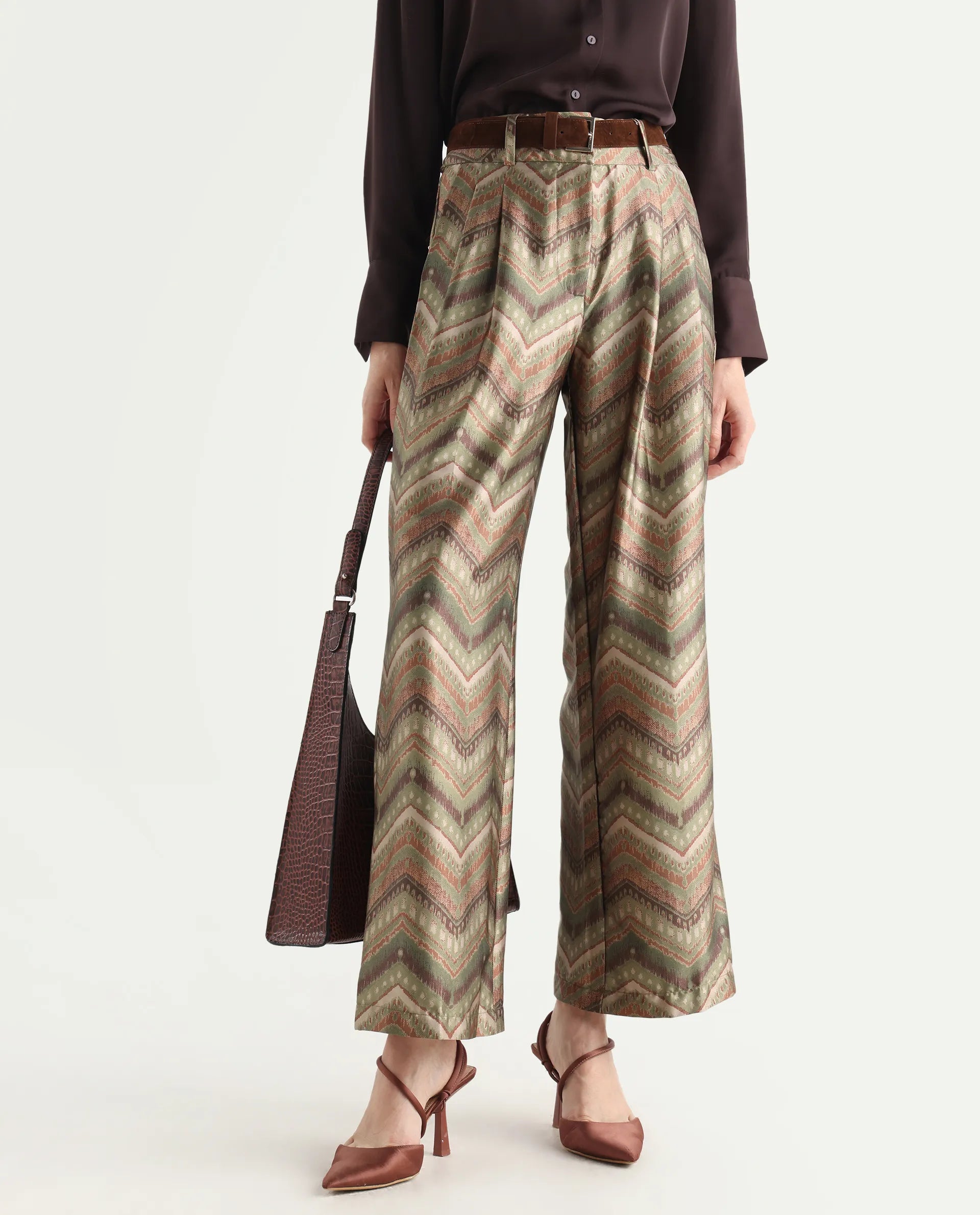 Rareism Women's Scilla Multi Polyester Geometric Print Ankle Length Wide Trouser