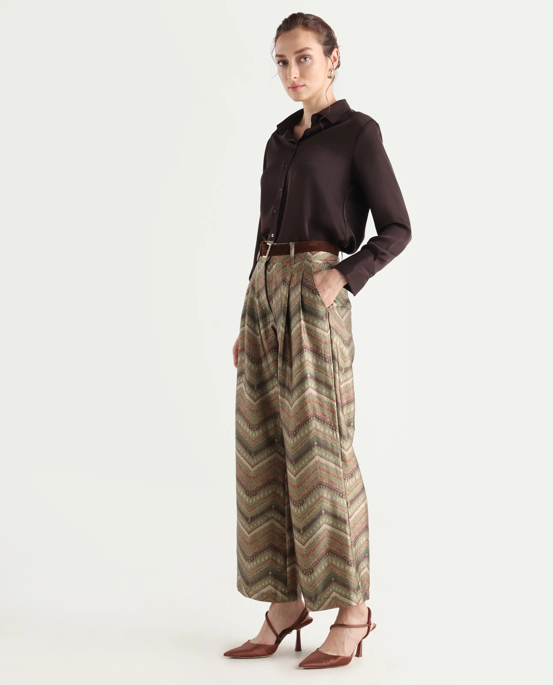 Rareism Women's Scilla Multi Polyester Geometric Print Ankle Length Wide Trouser