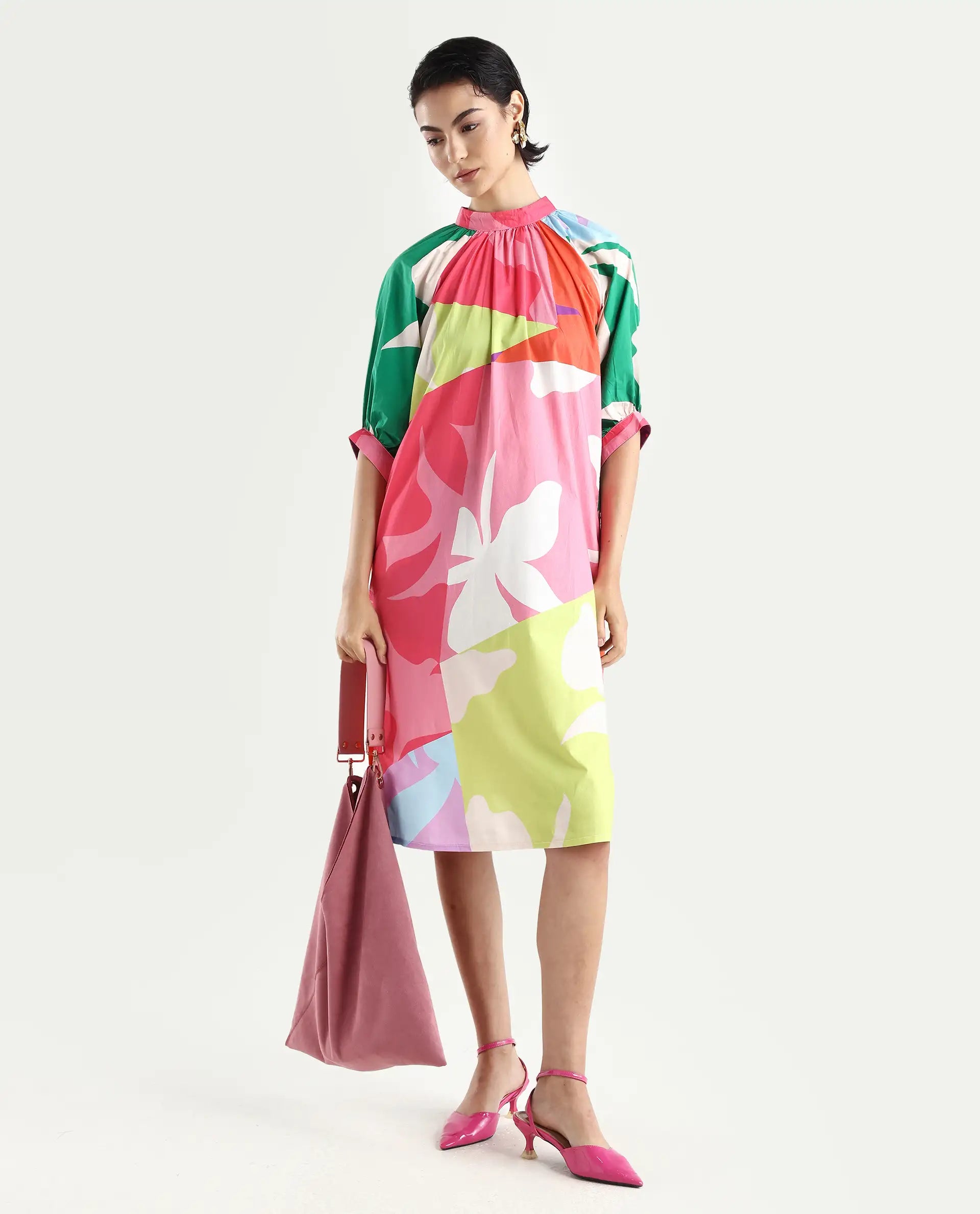 Rareism Women's Scintill Multi Cotton High Neck Floral Print Balloon Sleeve Knee Length Relaxed Fit Dress