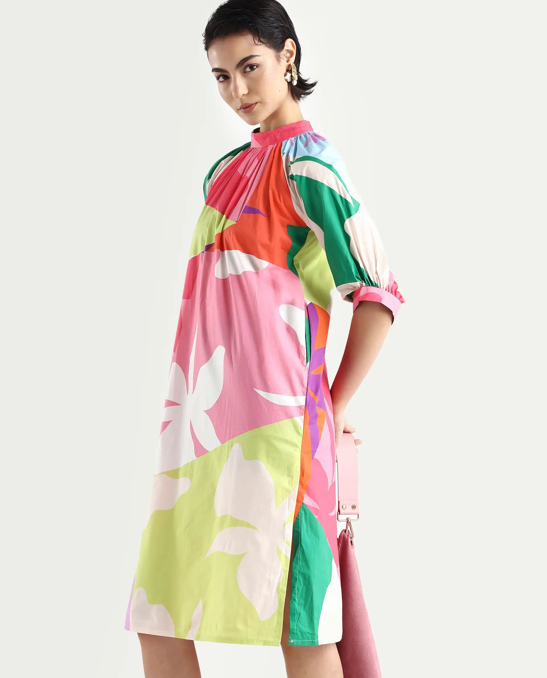 Rareism Women's Scintill Multi Cotton High Neck Floral Print Balloon Sleeve Knee Length Relaxed Fit Dress