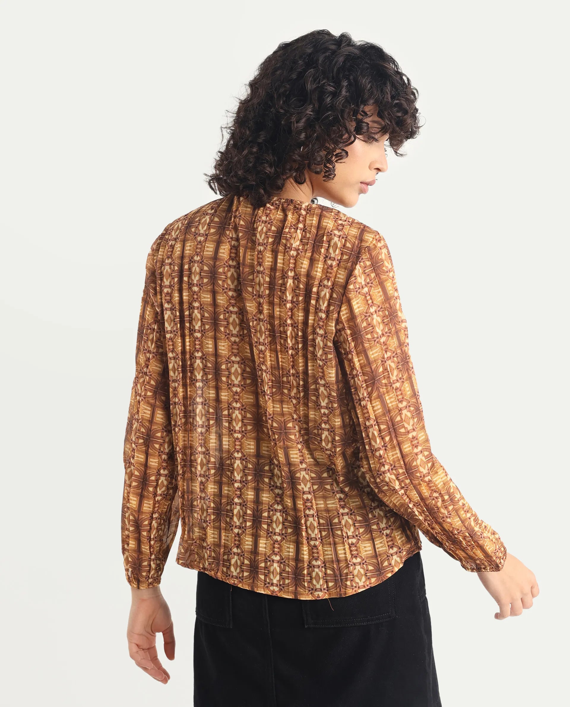 Rareism Women's Scoob Brown Polyester Tie-Up Neck Abstract Print Relaxed Fit Top