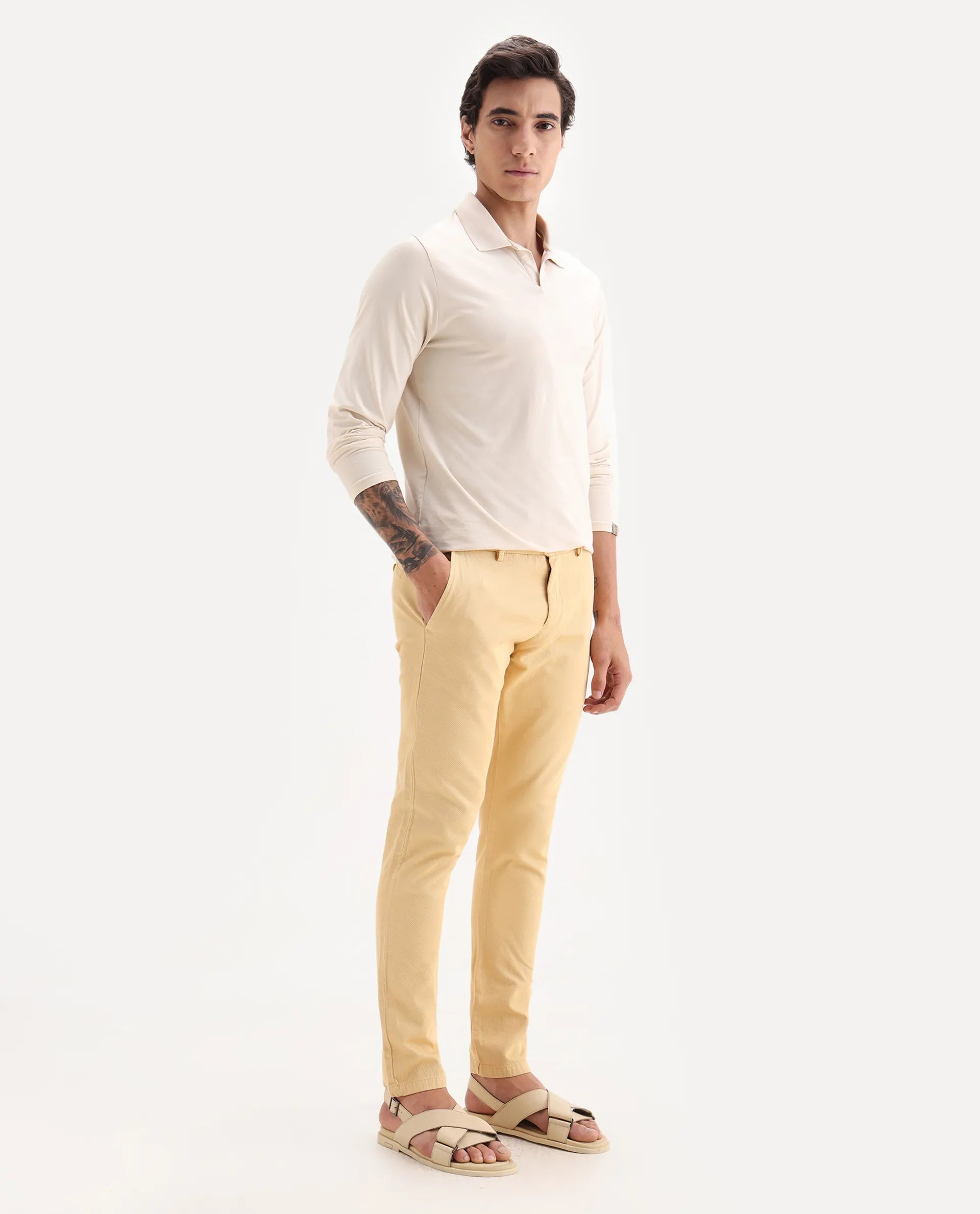 Rare Rabbit Men's Scotch Yellow Cotton Plain Slim Fit Trouser