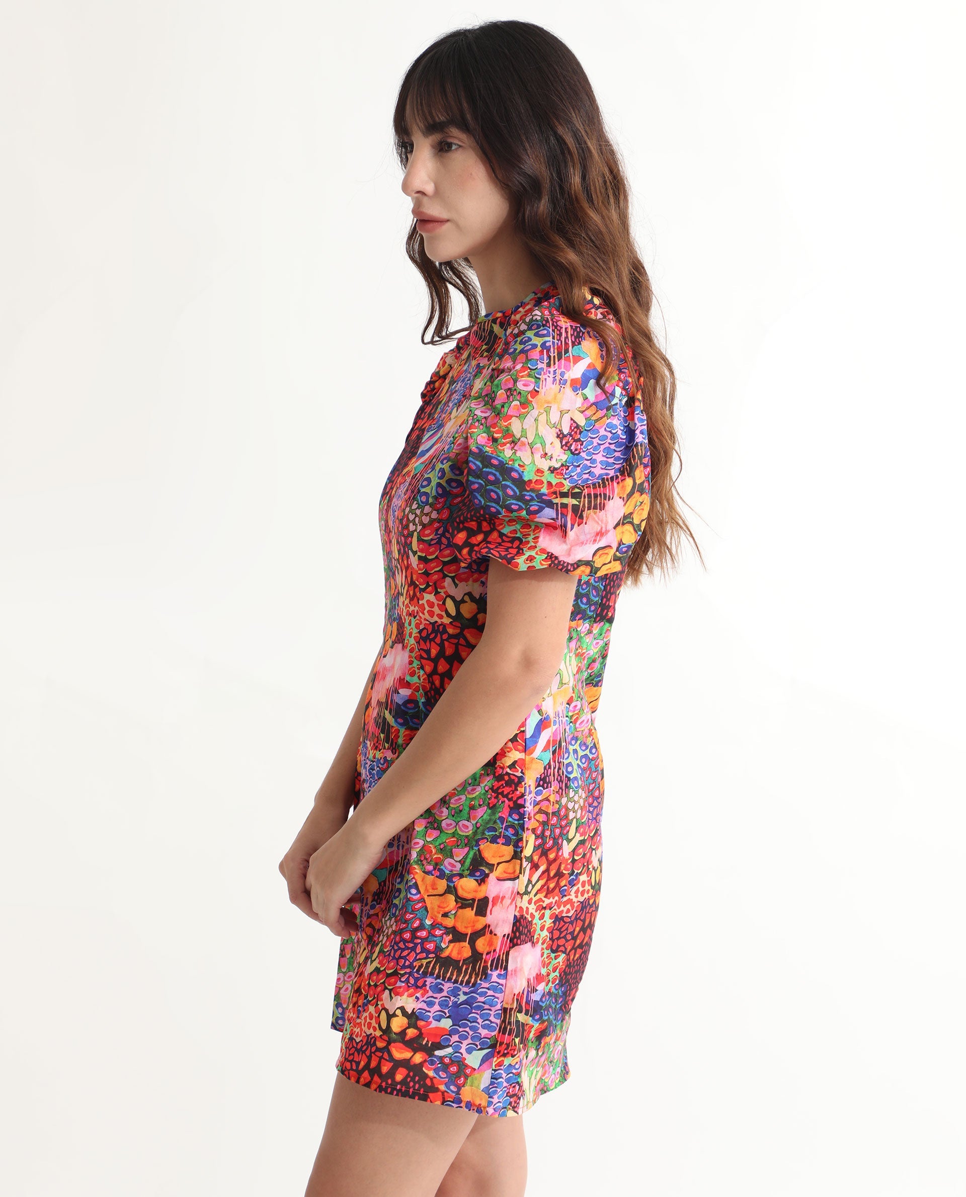 Rareism Women Scott Multi Cotton Fabric Short Sleeves Zip Closure Round Neck Puff Sleeve Slim Fit Floral Print Short Asymmetric Dress