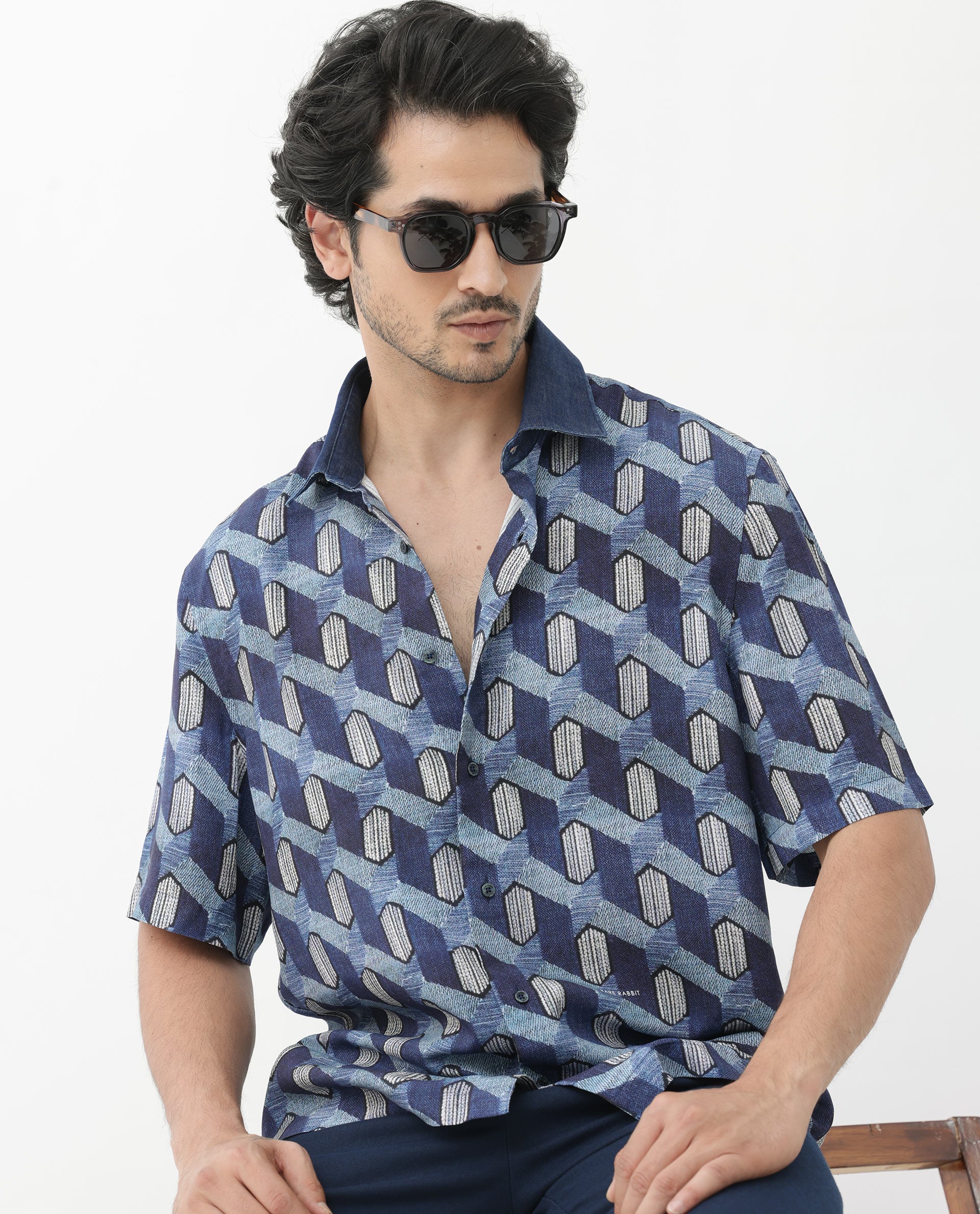 Rare Rabbit Mens Scrafi Dark Blue Viscose Fabric Short Sleeve Boxy Fit Geometric Print Shirt