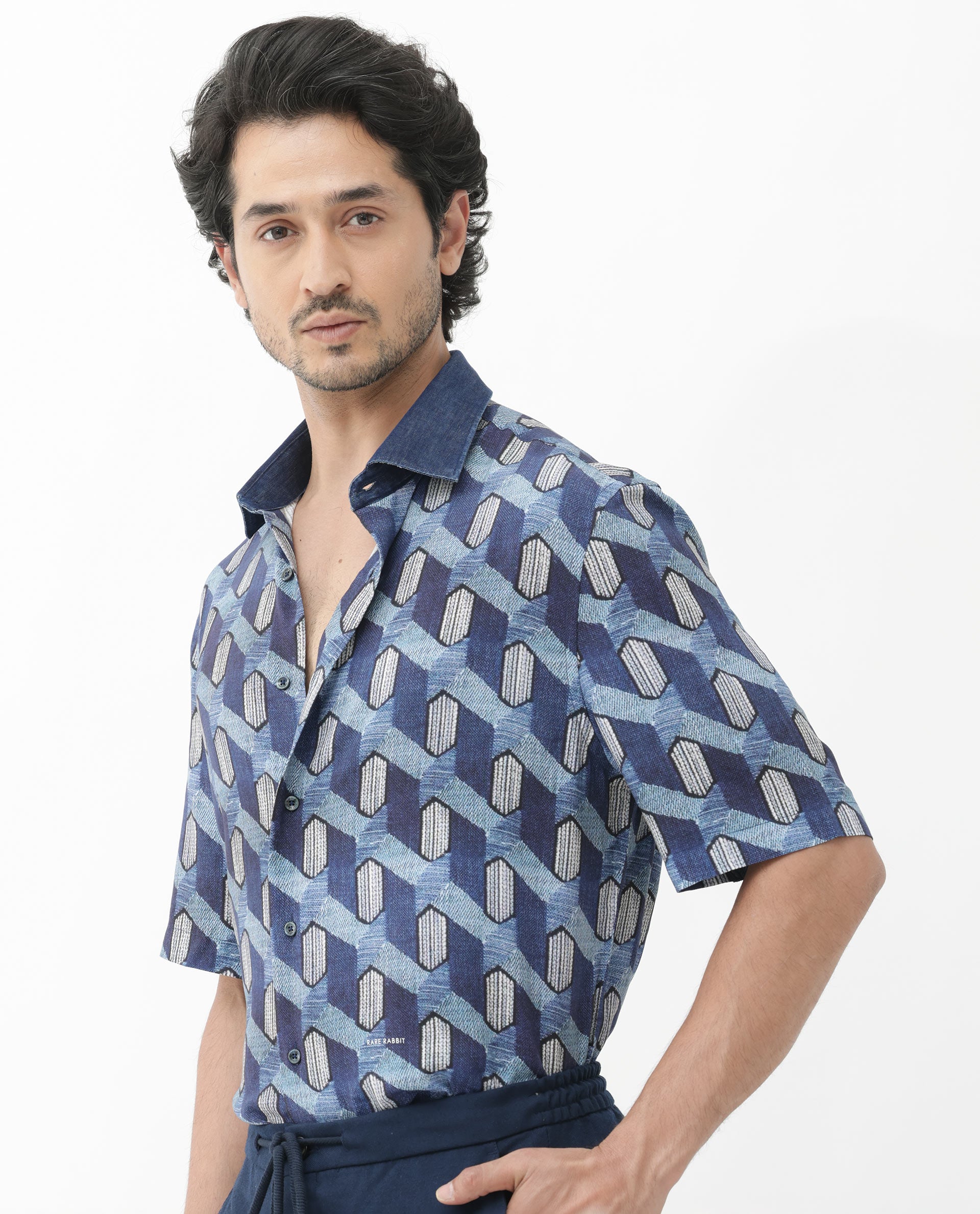 Rare Rabbit Mens Scrafi Dark Blue Viscose Fabric Short Sleeve Boxy Fit Geometric Print Shirt