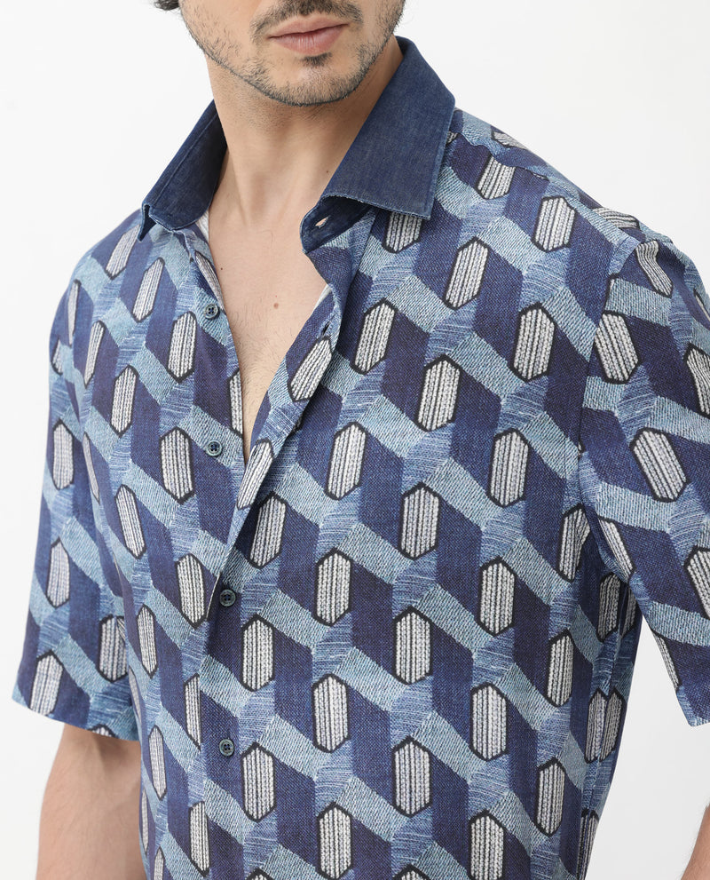 Rare Rabbit Mens Scrafi Dark Blue Viscose Fabric Short Sleeve Boxy Fit Geometric Print Shirt