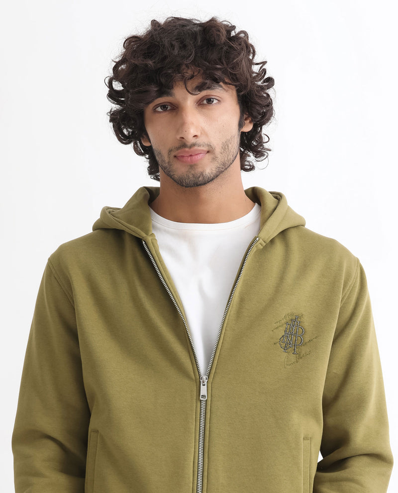 RARE RABBIT MENS SCRIBBLE OLIVE SWEATSHIRT COTTON POLYESTER FABRIC HOODED NECK KNITTED FULL SLEEVES ZIPPER CLOSURE COMFORTABLE FIT