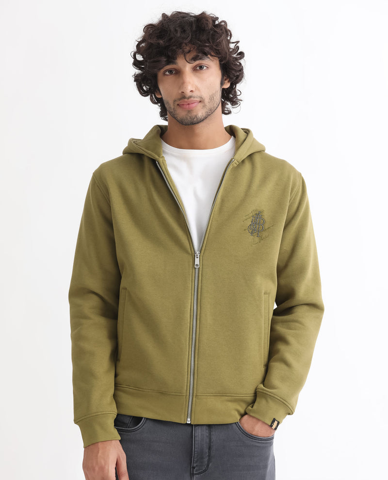 RARE RABBIT MENS SCRIBBLE OLIVE SWEATSHIRT COTTON POLYESTER FABRIC HOODED NECK KNITTED FULL SLEEVES ZIPPER CLOSURE COMFORTABLE FIT