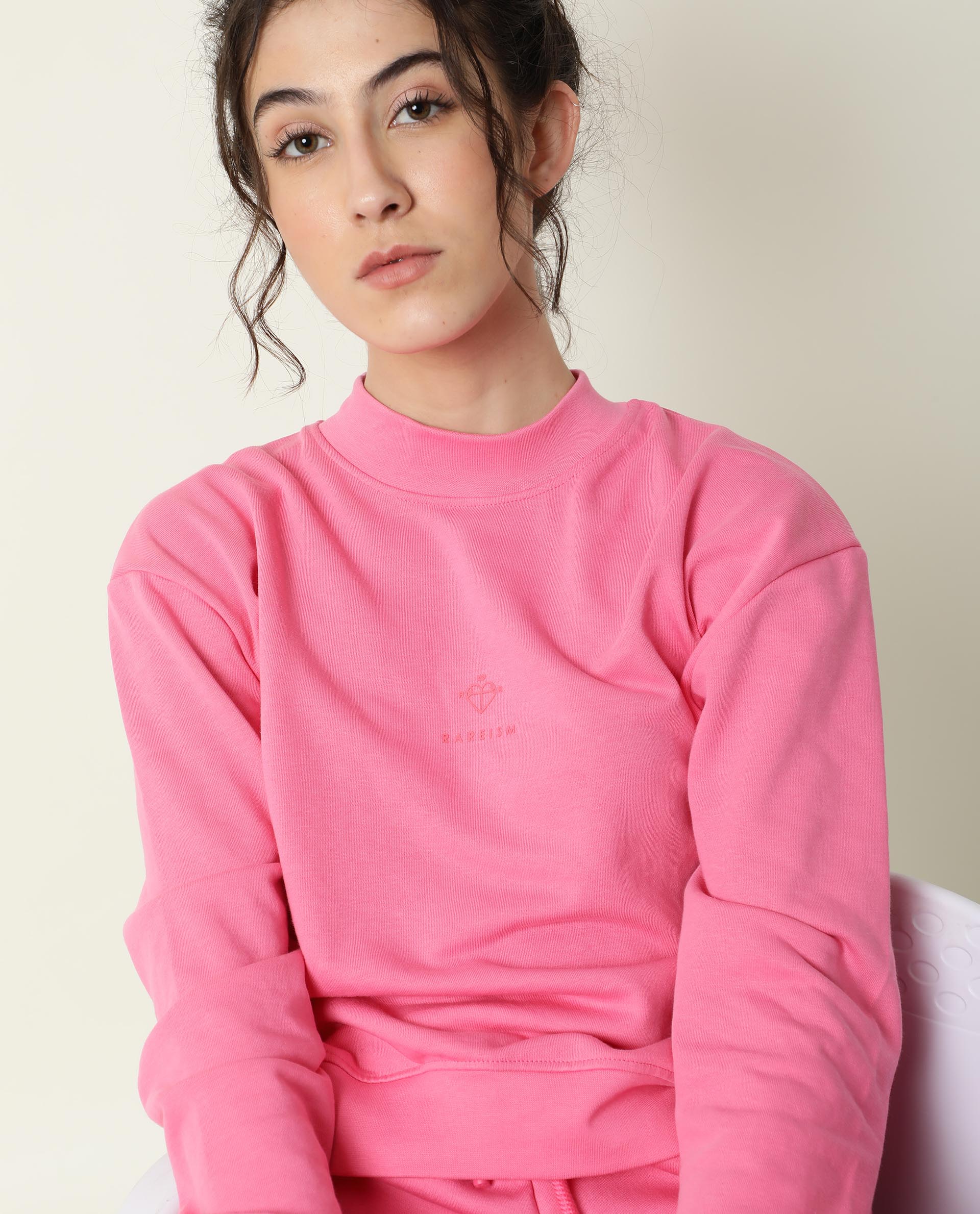 Rareism Women Necker Pink  Relaxed Fit Full Sleeves Solid High Neck Sweatshirt