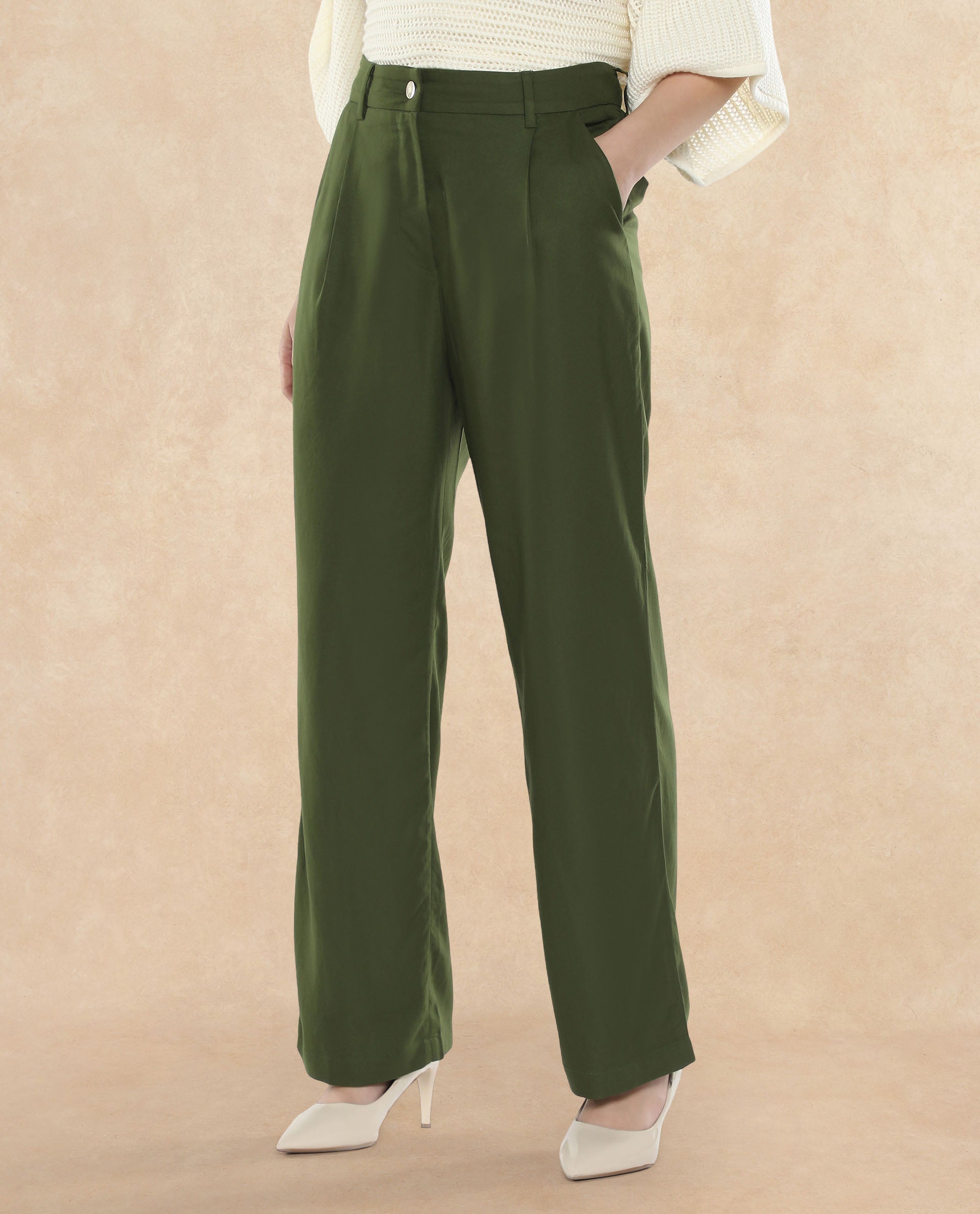 Rareism Women Seanpo Olive Button Closure Ankle Length Plain Trouser