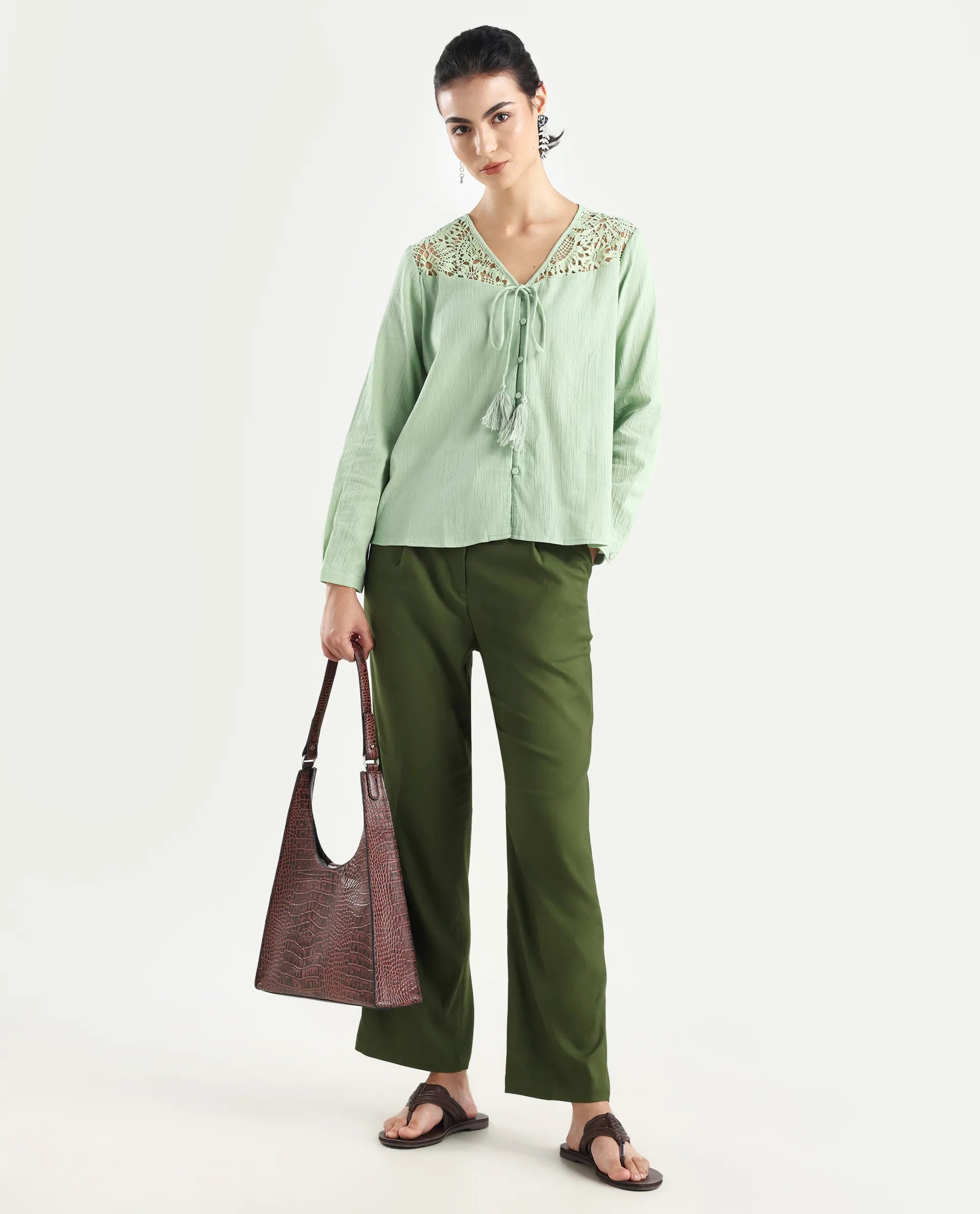 Rareism Women's Seanpo Olive Polyester Plain Ankle Length Wide Trouser