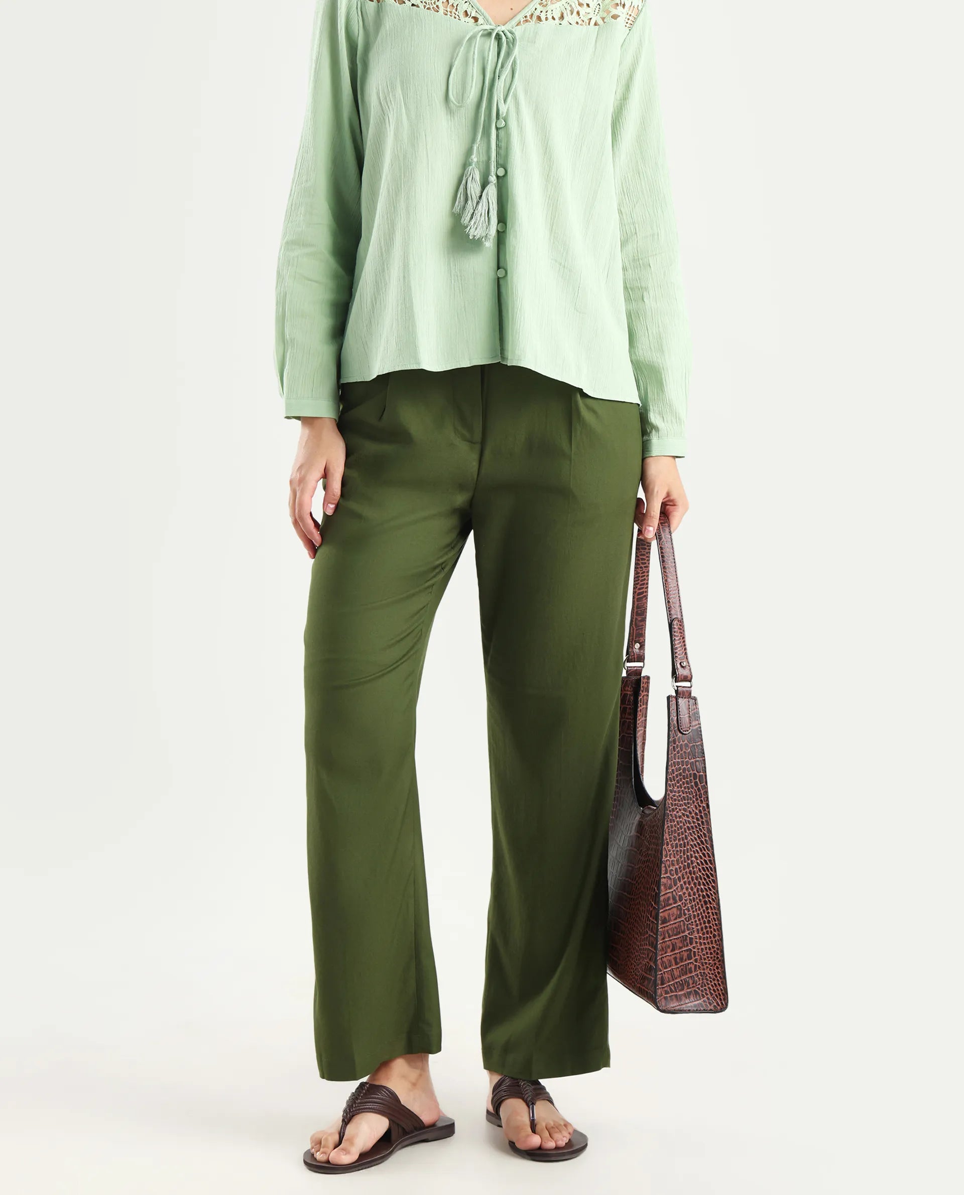Rareism Women's Seanpo Olive Polyester Plain Ankle Length Wide Trouser