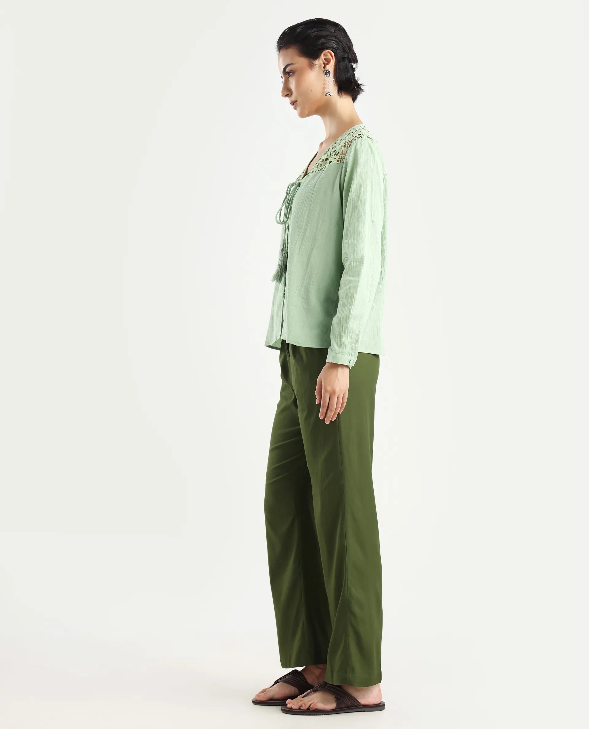 Rareism Women's Seanpo Olive Polyester Plain Ankle Length Wide Trouser