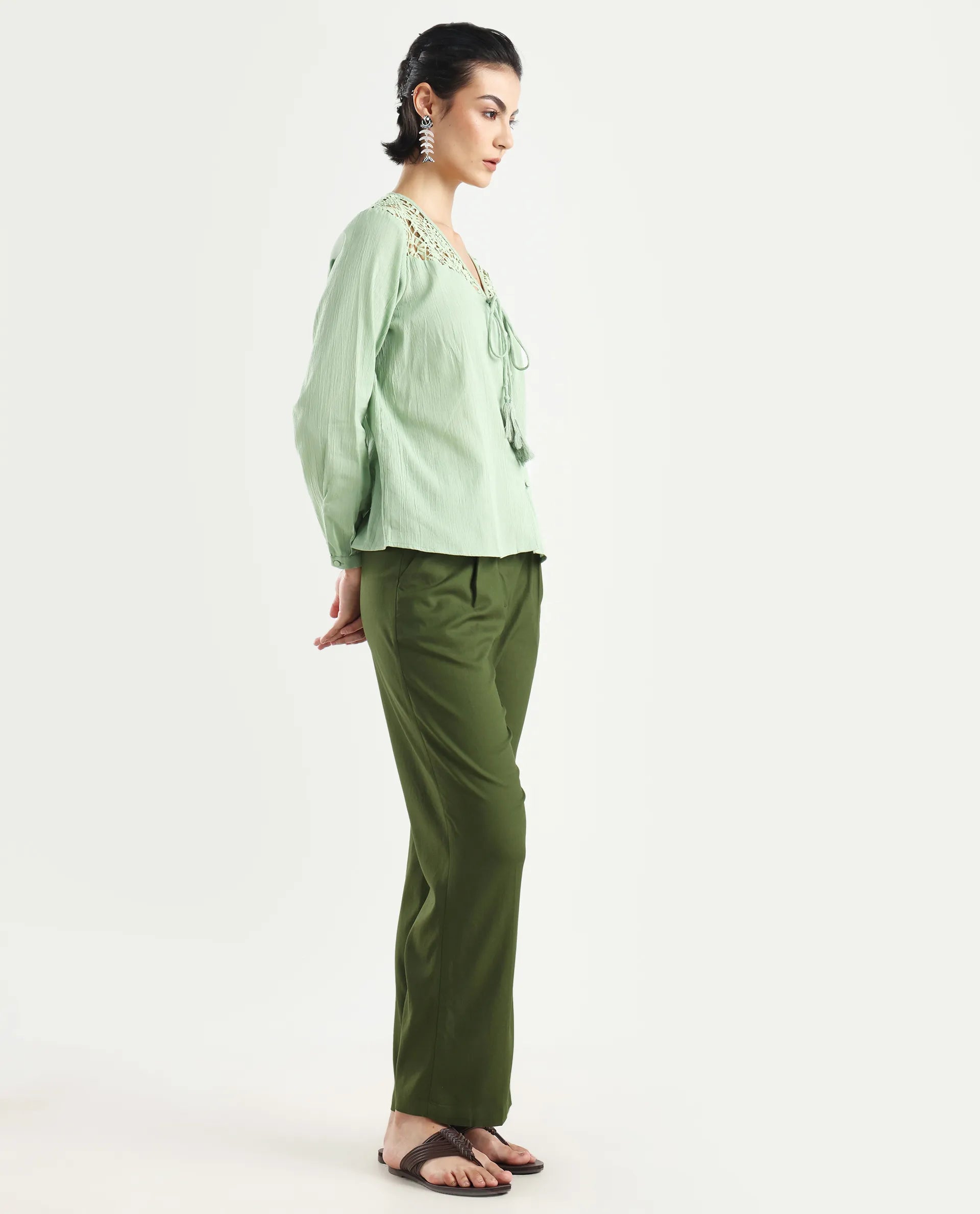 Rareism Women's Seanpo Olive Polyester Plain Ankle Length Wide Trouser