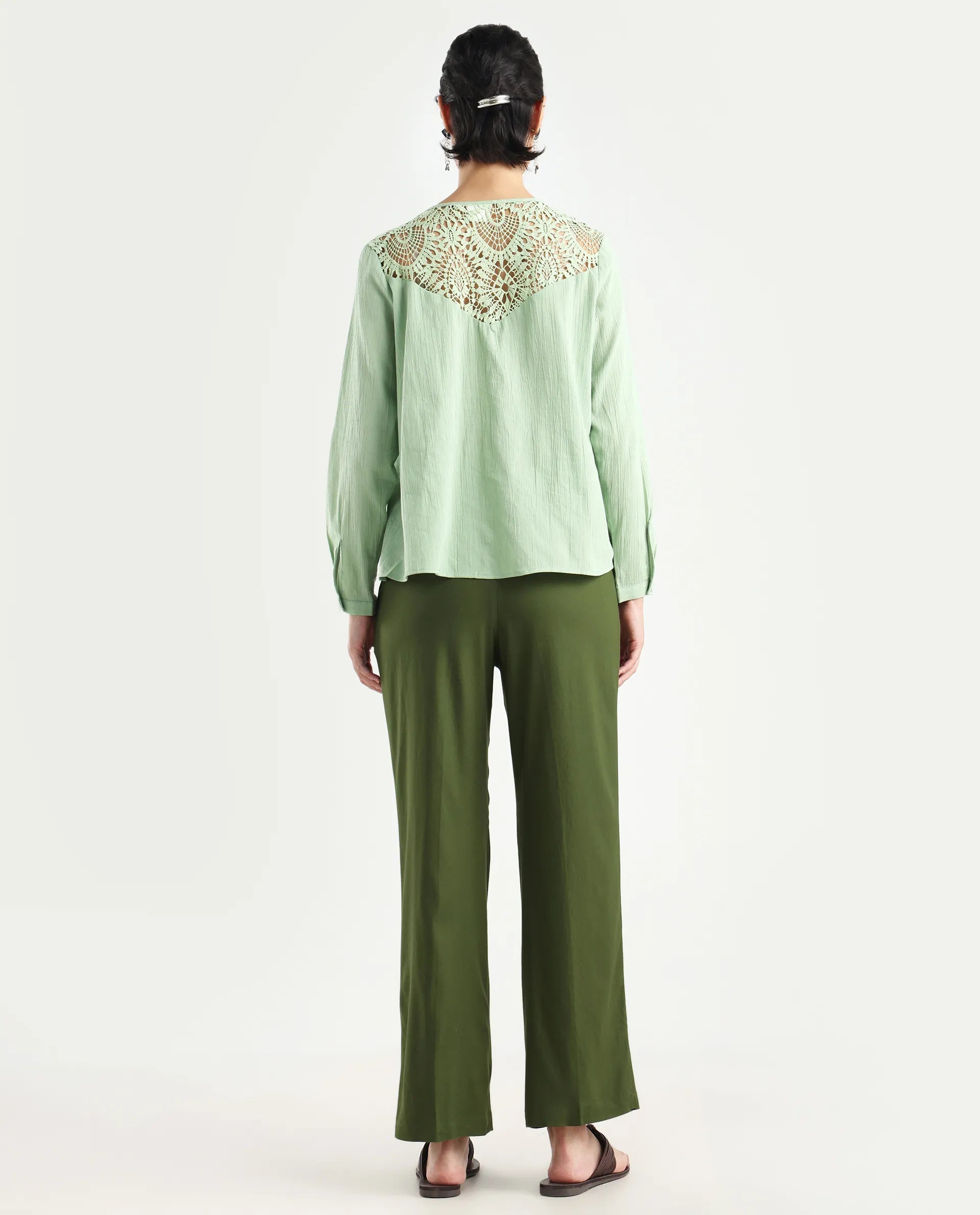 Rareism Women's Seanpo Olive Polyester Plain Ankle Length Wide Trouser