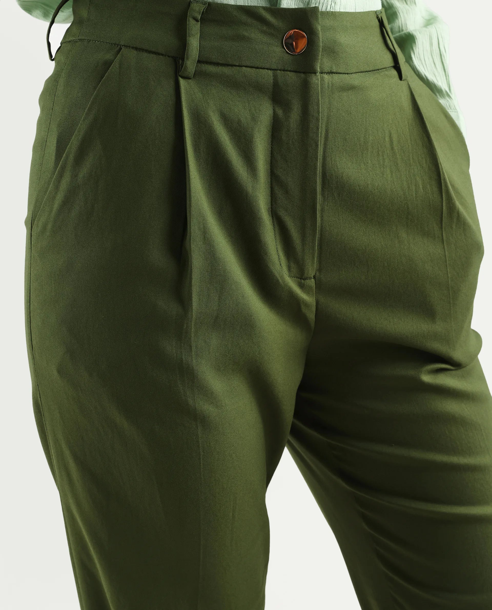 Rareism Women's Seanpo Olive Polyester Plain Ankle Length Wide Trouser