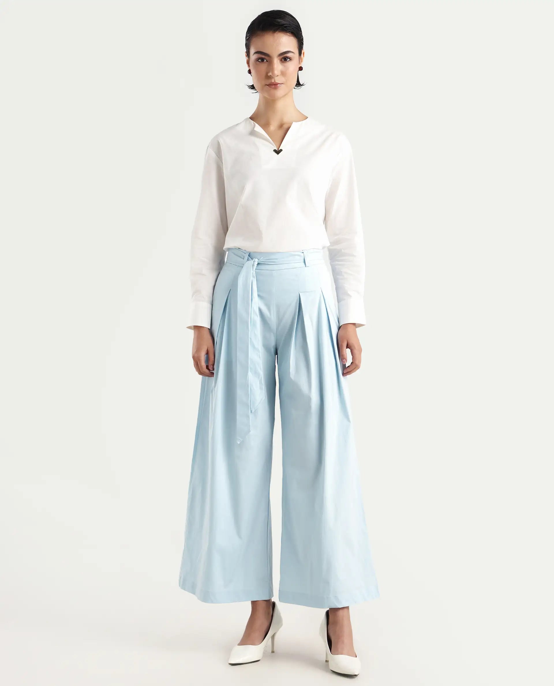 Rareism Women's Sebern Light Blue Cotton Blend Plain Ankle Length Flared Trouser