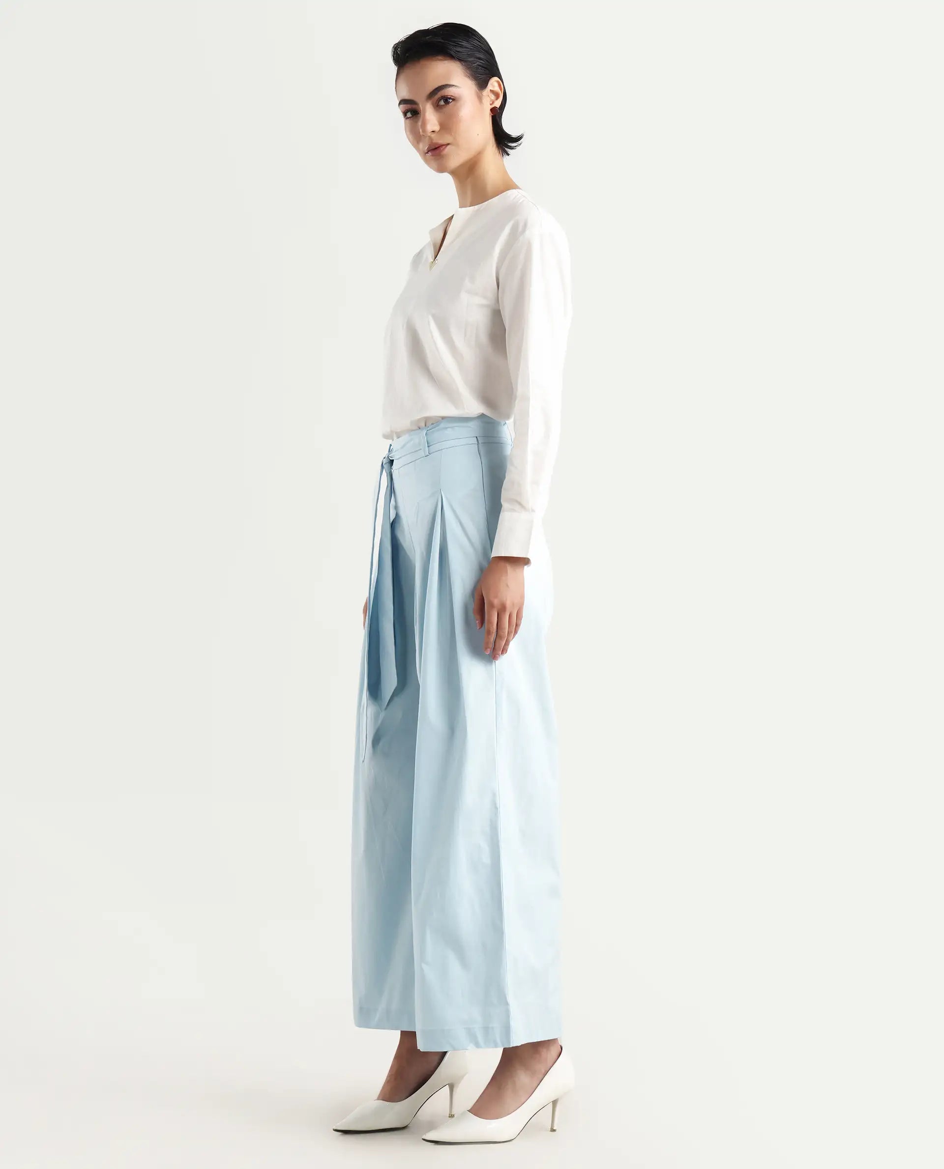 Rareism Women's Sebern Light Blue Cotton Blend Plain Ankle Length Flared Trouser