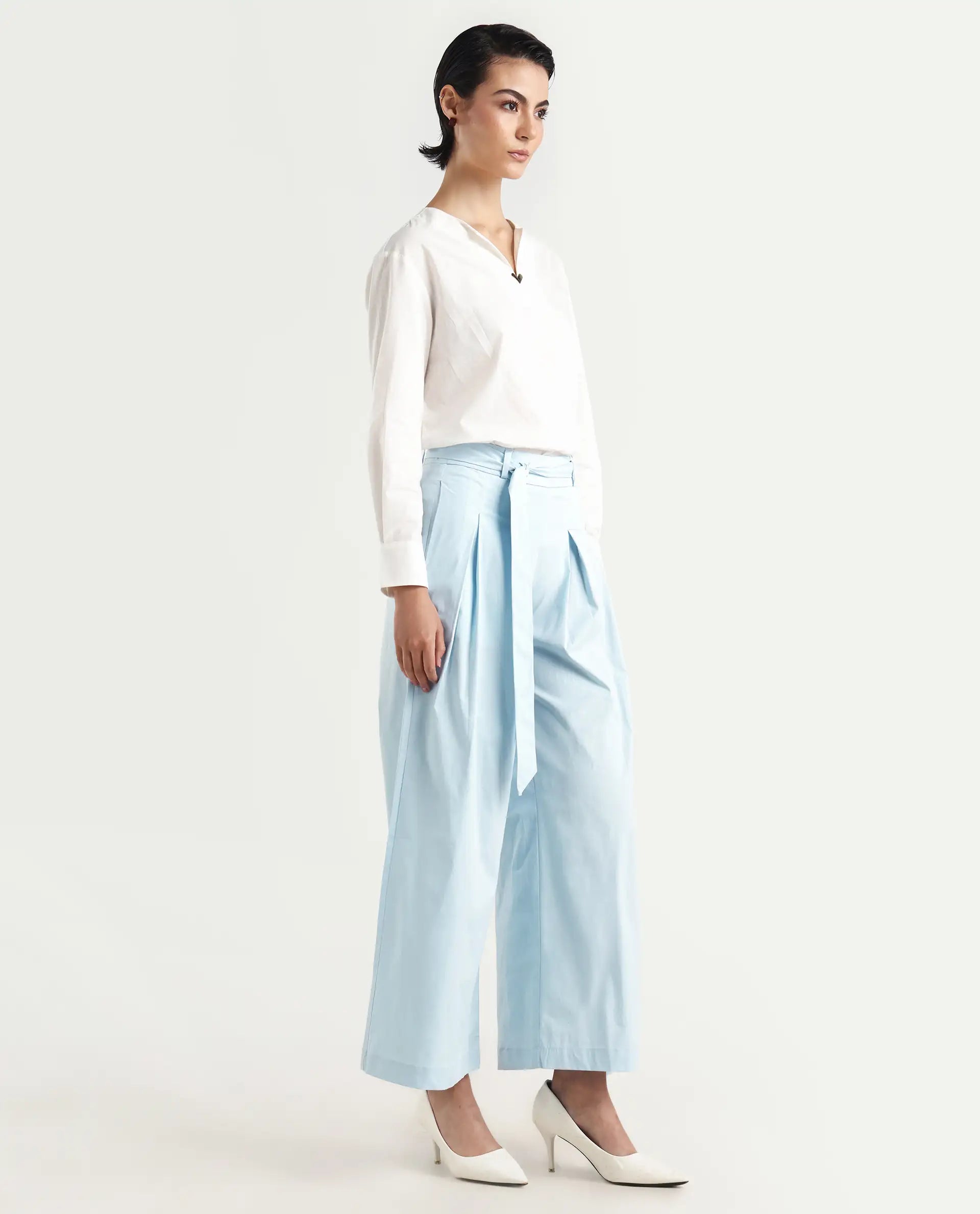 Rareism Women's Sebern Light Blue Cotton Blend Plain Ankle Length Flared Trouser