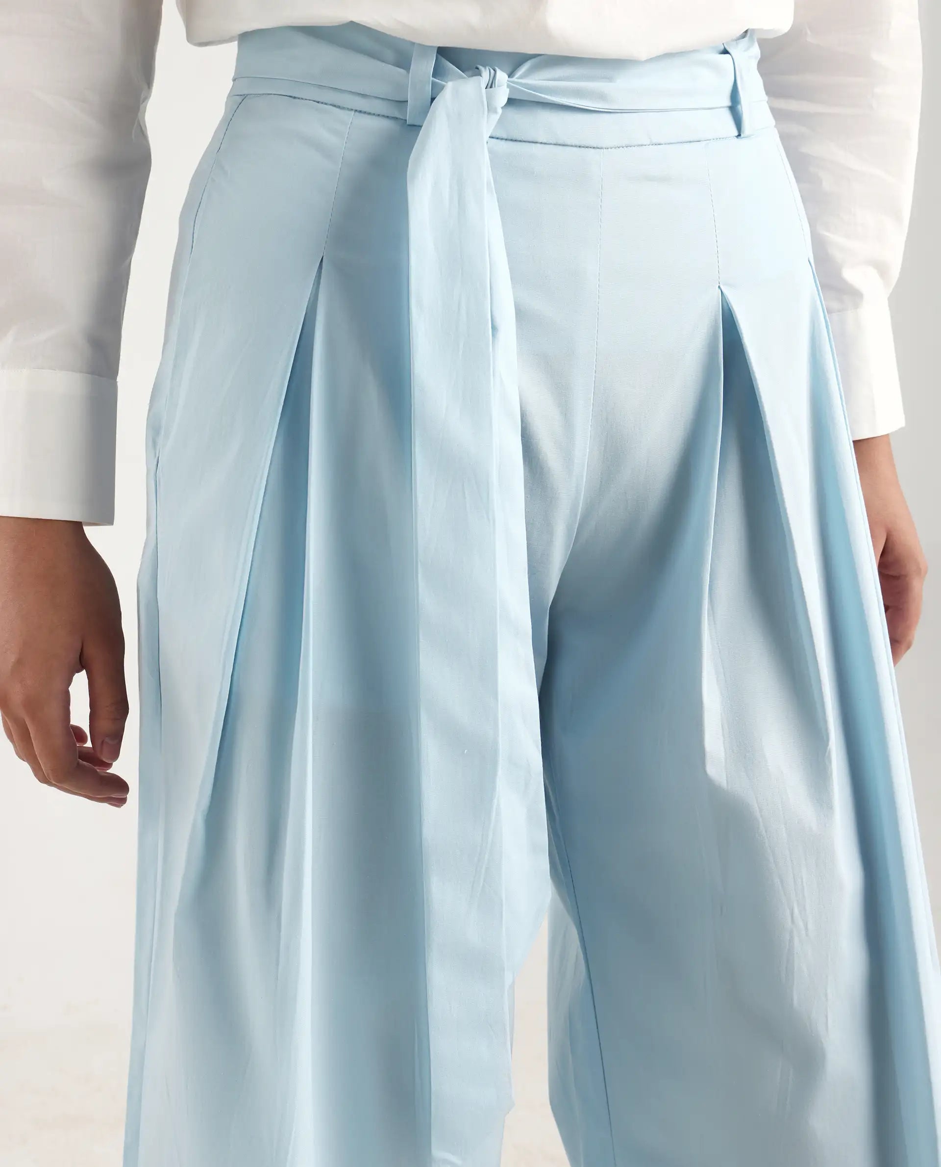 Rareism Women's Sebern Light Blue Cotton Blend Plain Ankle Length Flared Trouser