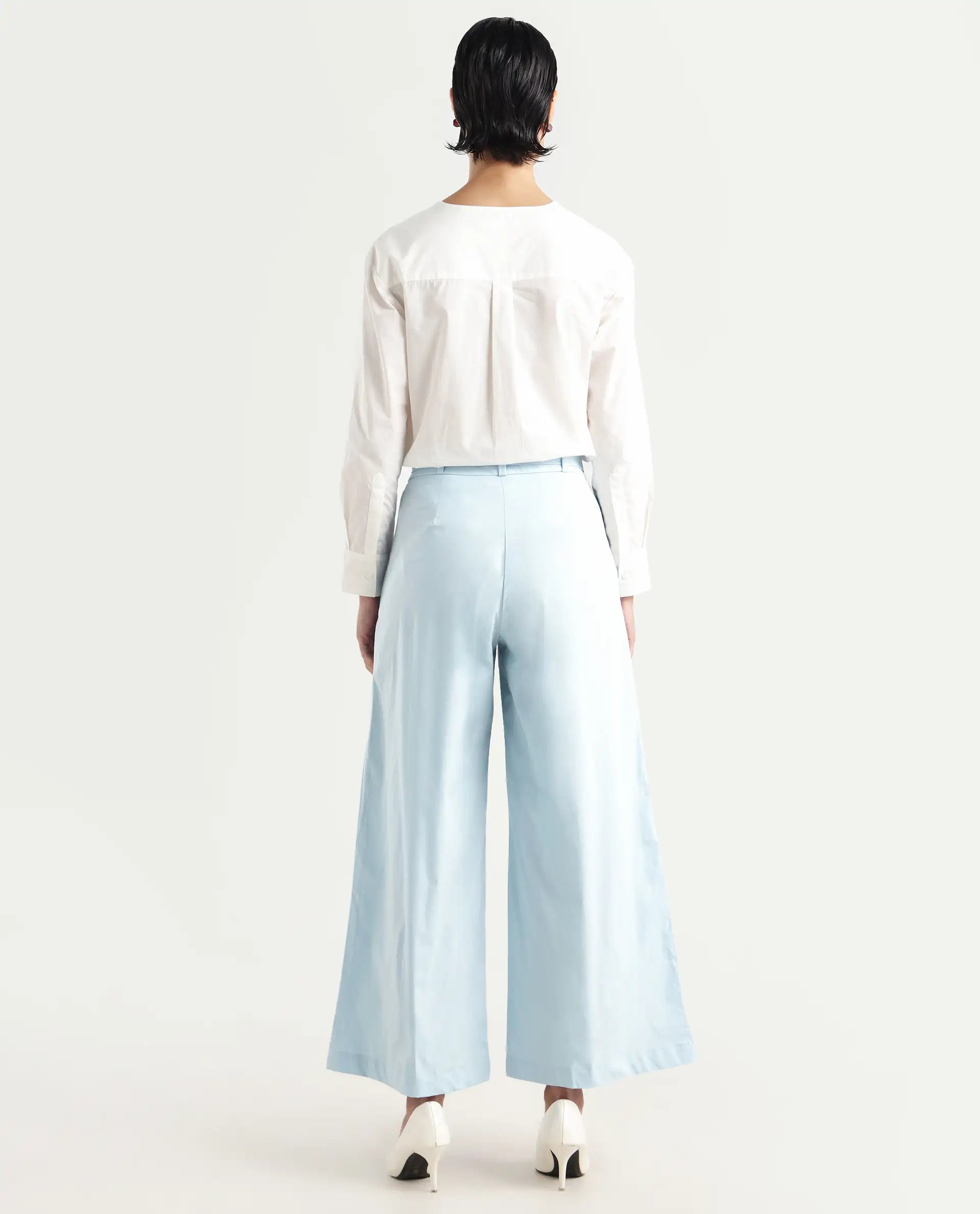 Rareism Women's Sebern Light Blue Cotton Blend Plain Ankle Length Flared Trouser