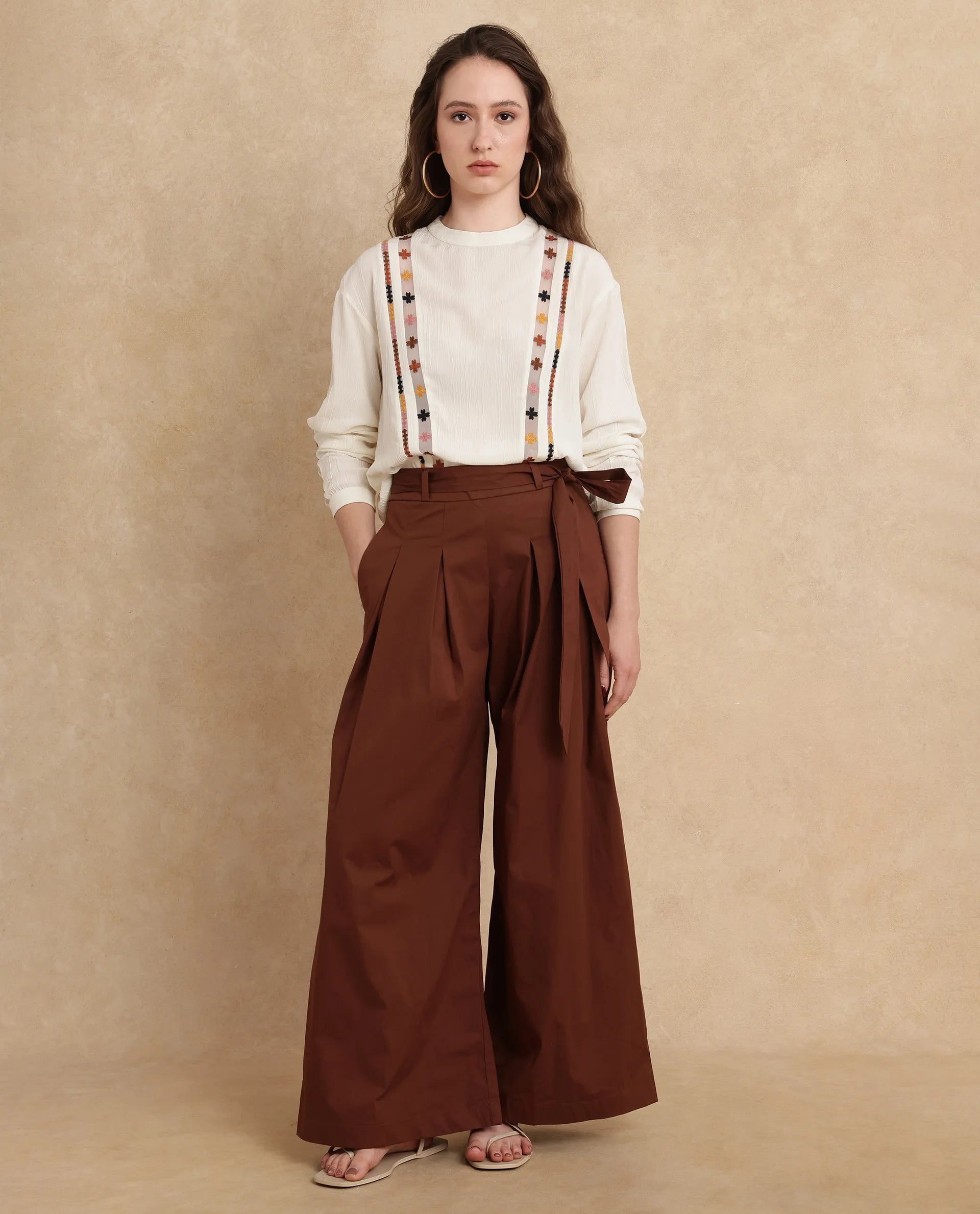 Rareism Women Sebern Brown Cotton Blend Fabric Button Closure Flared Ankle Length Plain Trouser