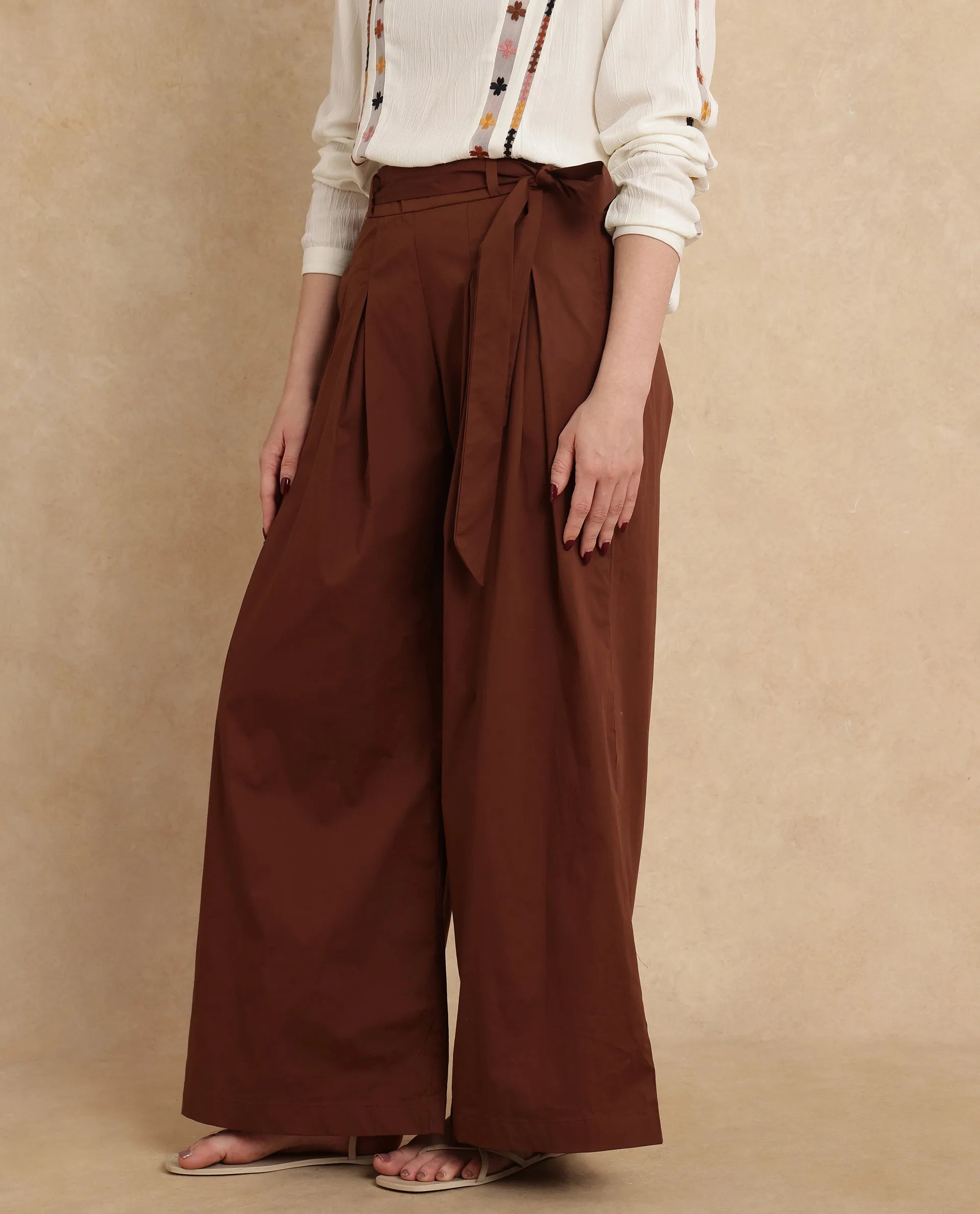 Rareism Women Sebern Brown Cotton Blend Fabric Button Closure Flared Ankle Length Plain Trouser