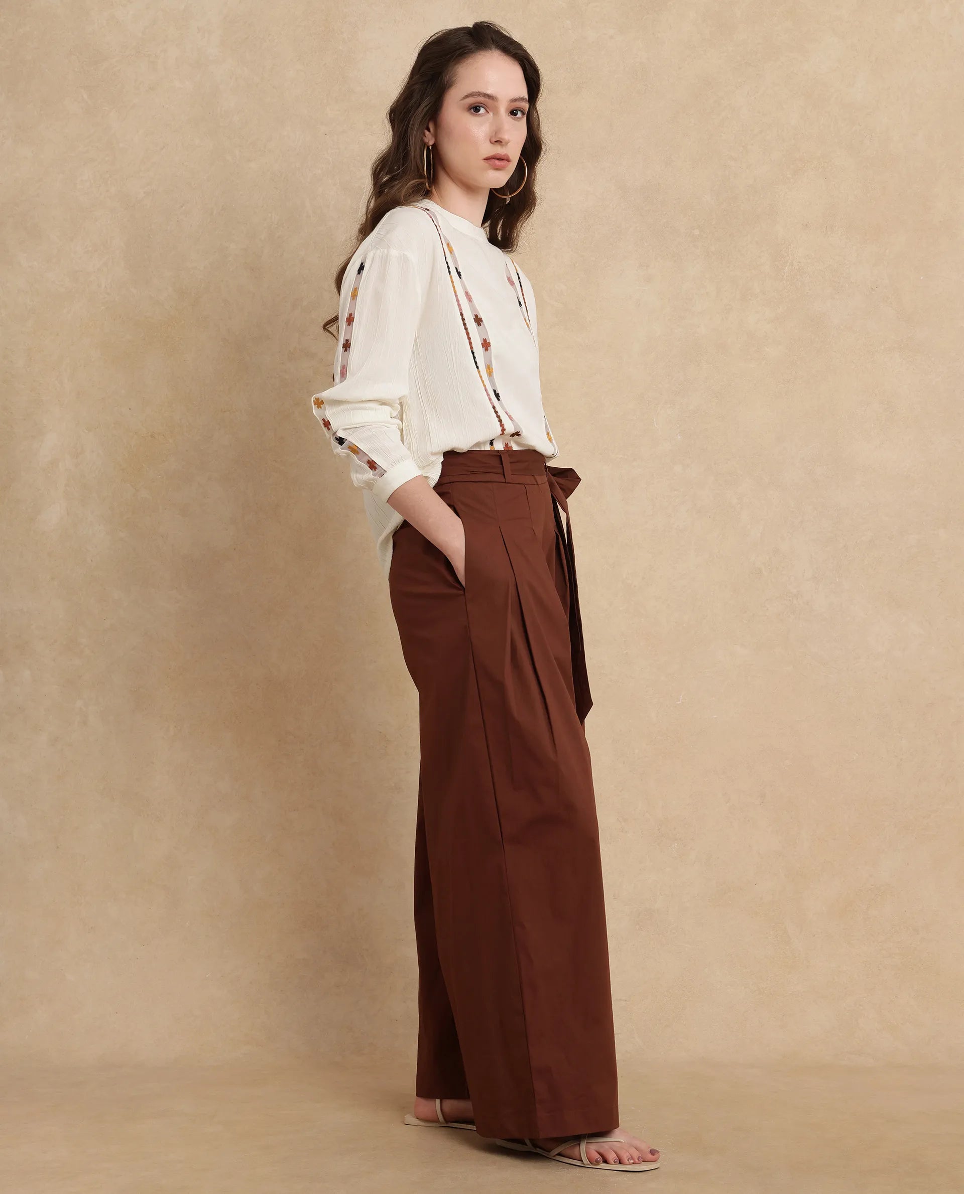 Rareism Women Sebern Brown Cotton Blend Fabric Button Closure Flared Ankle Length Plain Trouser