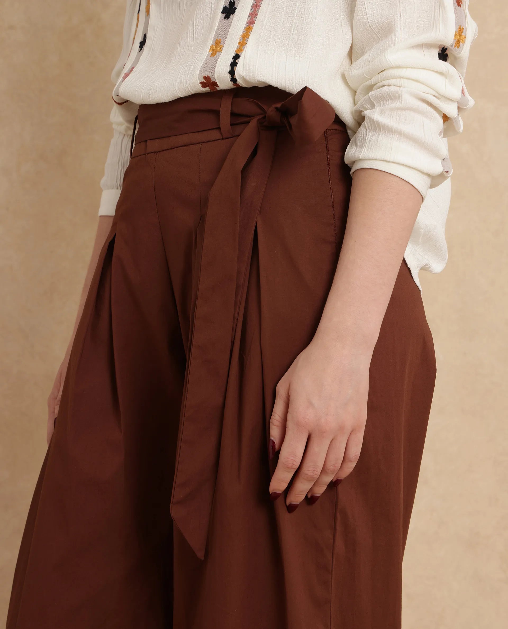 Rareism Women Sebern Brown Cotton Blend Fabric Button Closure Flared Ankle Length Plain Trouser