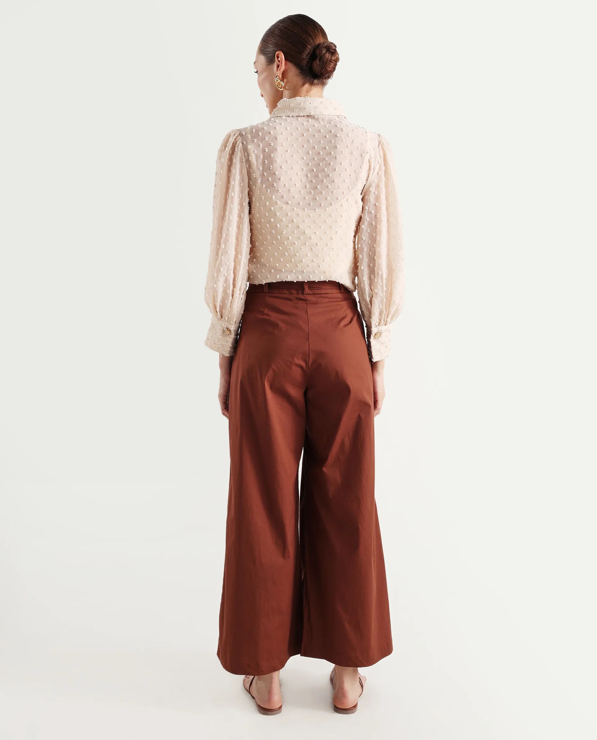 Rareism Women's Sebern Brown Cotton Blend Plain Ankle Length Flared Trouser