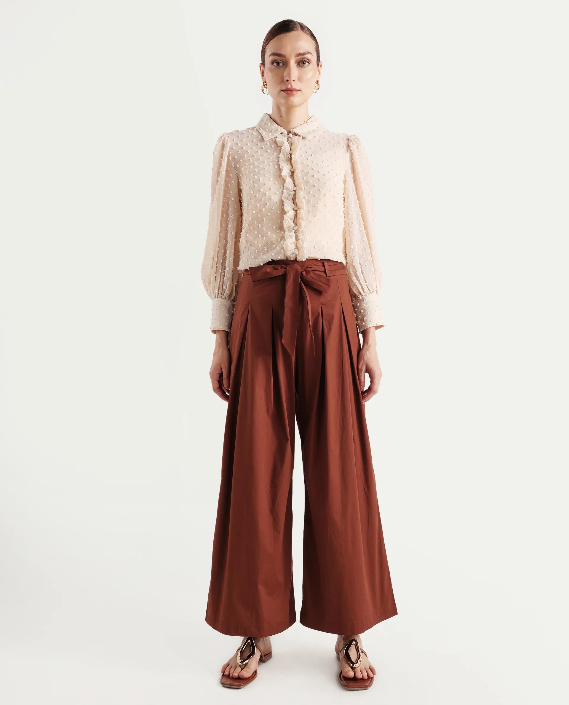 Rareism Women's Sebern Brown Cotton Blend Plain Ankle Length Flared Trouser
