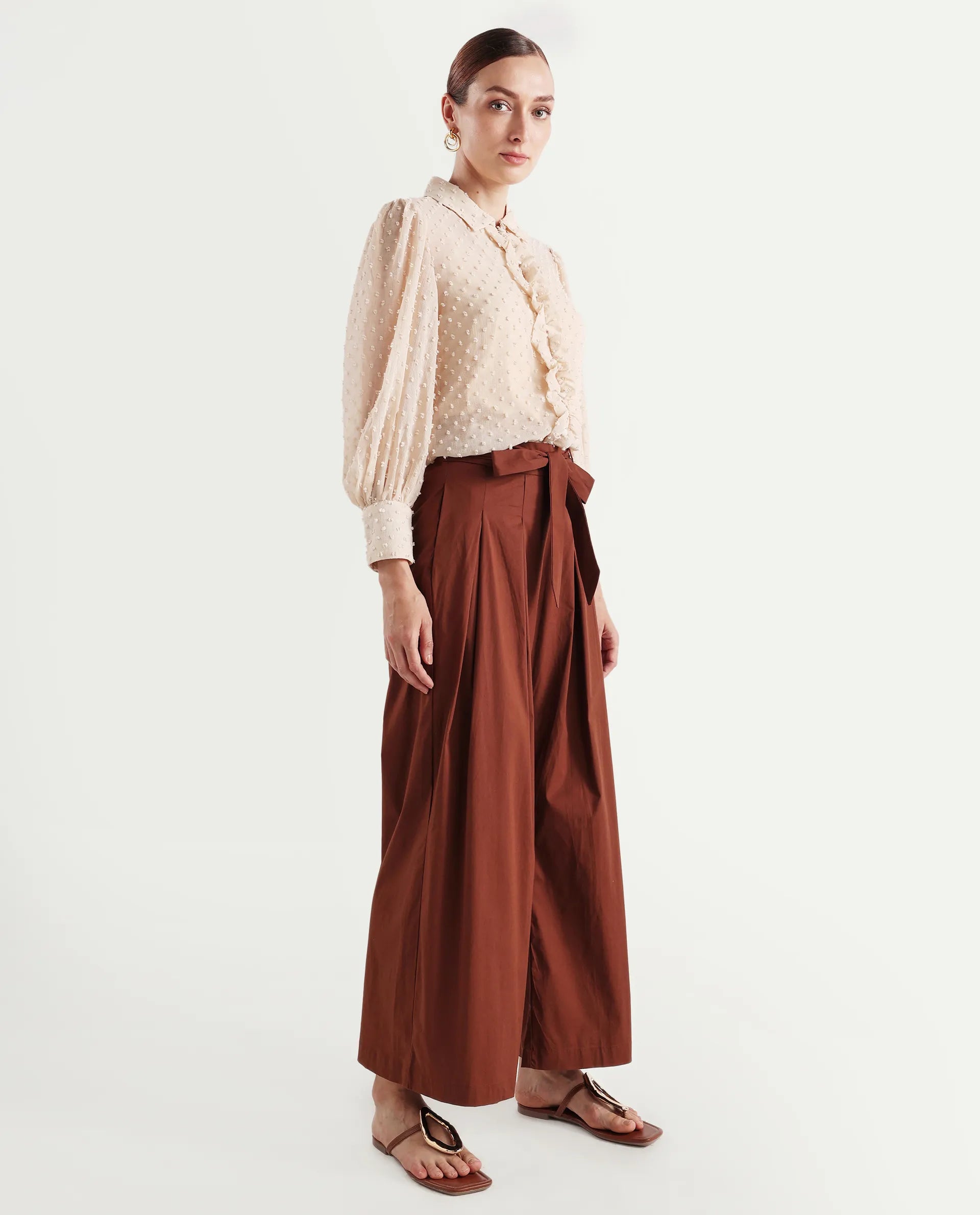 Rareism Women's Sebern Brown Cotton Blend Plain Ankle Length Flared Trouser