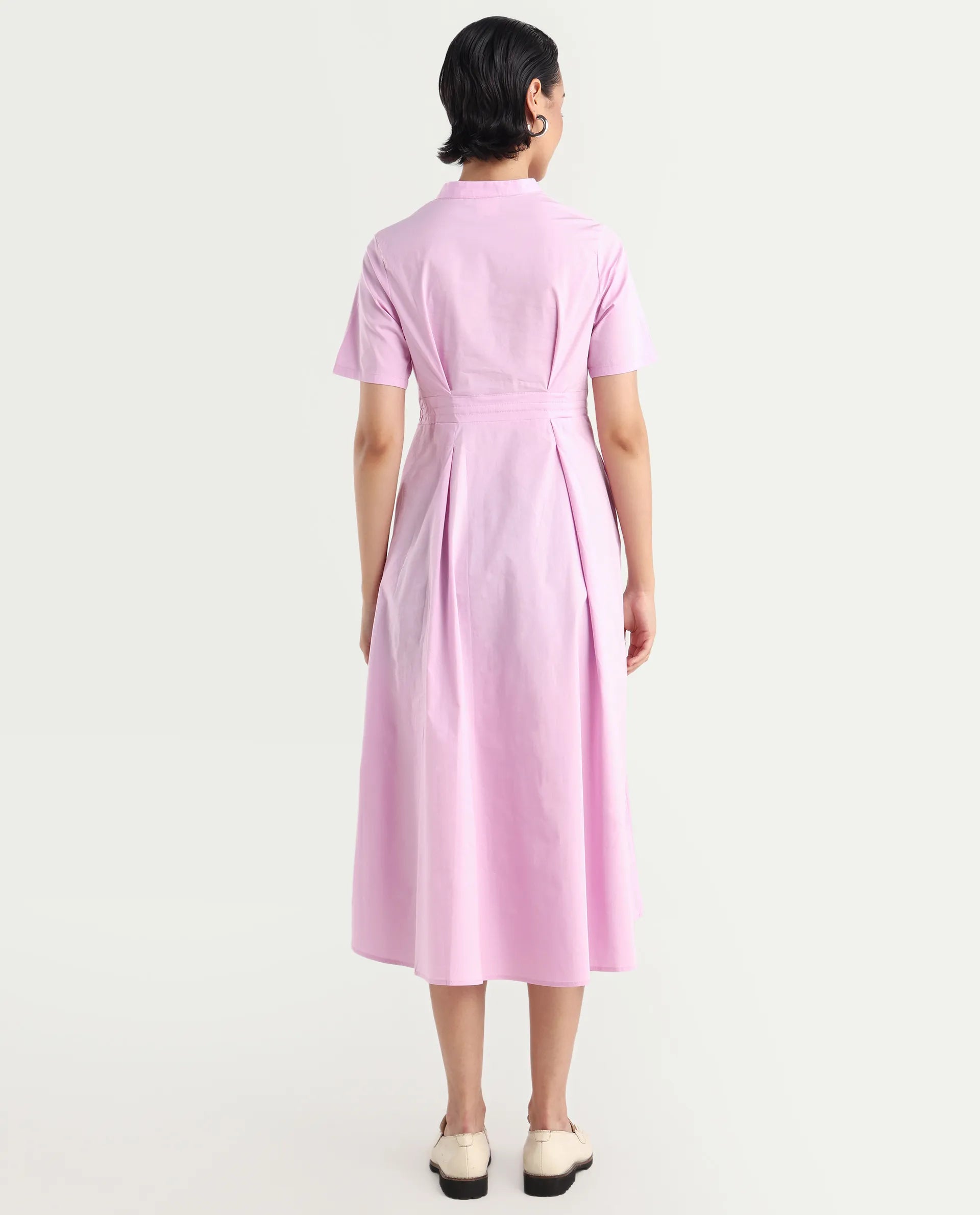 Rareism Women's Sede Pink Cotton Blend Mandarin Collar Plain Midi Flared Dress