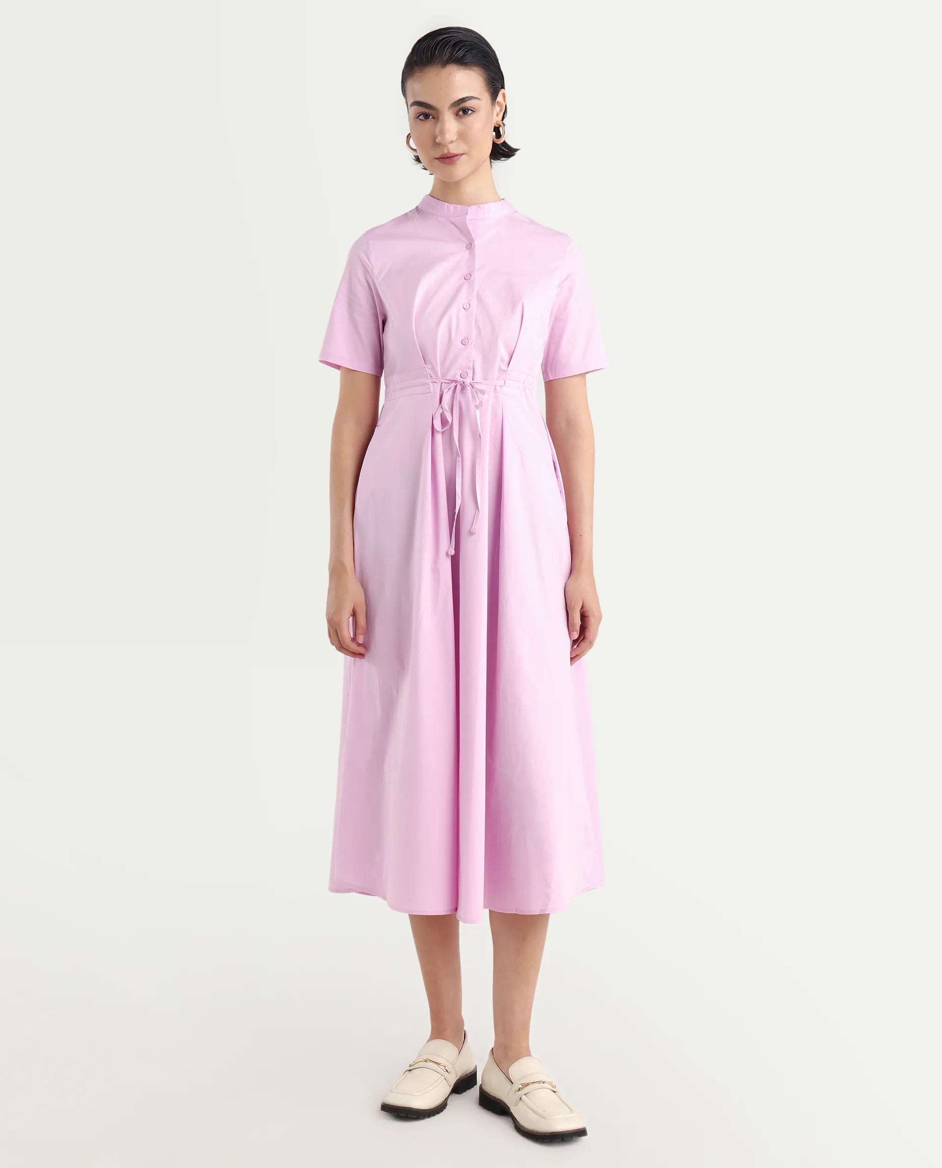 Rareism Women's Sede Pink Cotton Blend Mandarin Collar Plain Midi Flared Dress