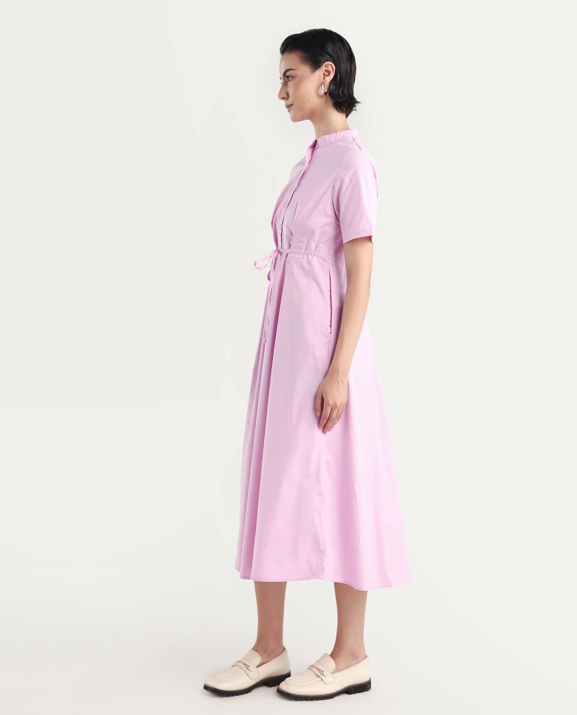 Rareism Women's Sede Pink Cotton Blend Mandarin Collar Plain Midi Flared Dress